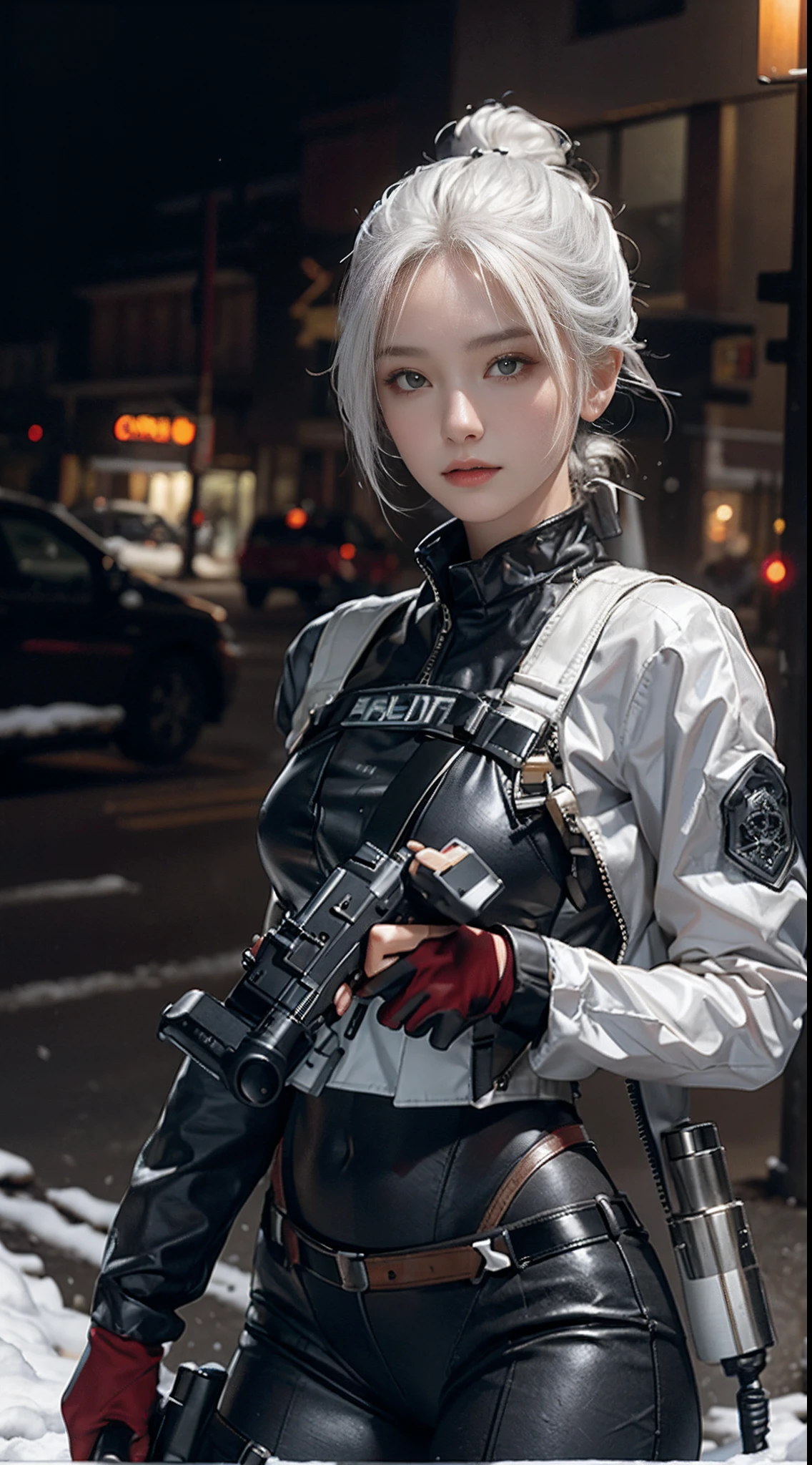 Photorealistic, high resolution, 1woman, Solo, Hips up, view the viewer, (Detailed face), snow background, White hair, SWAT vests, Gun, jewelry