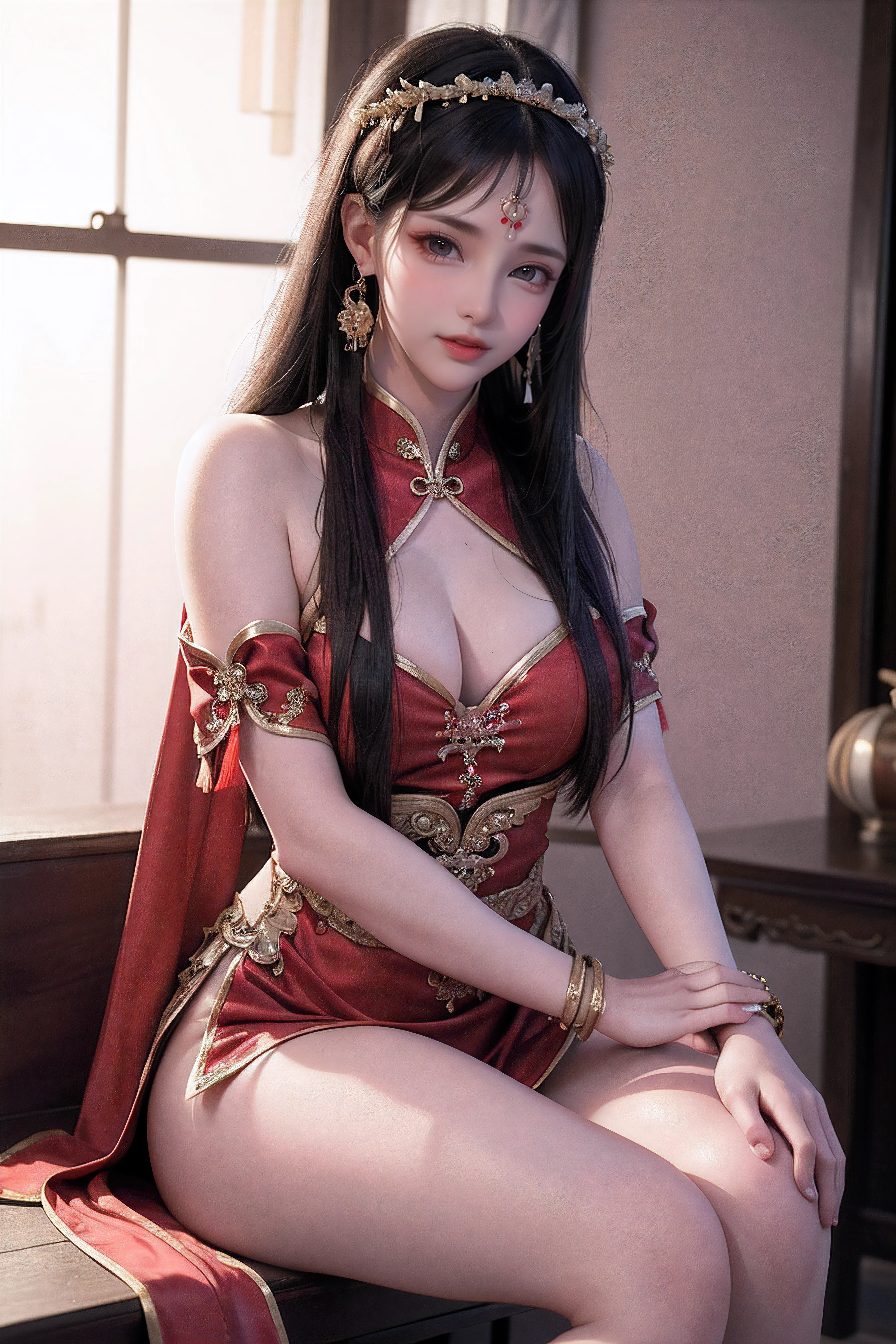 (8k, RAW photo, best quality, masterpiece:1.2),(realistic, photo-realistic:1.37),photo mapping,professional lighting,radiosity,1girl,solo,long_hair,(bracelet:1.1),(long legs:1.2),(earrings:1.1),physically-based rendering,proscenium,performance,be seated,close up to hands,Chinese costumes,red and gold dress