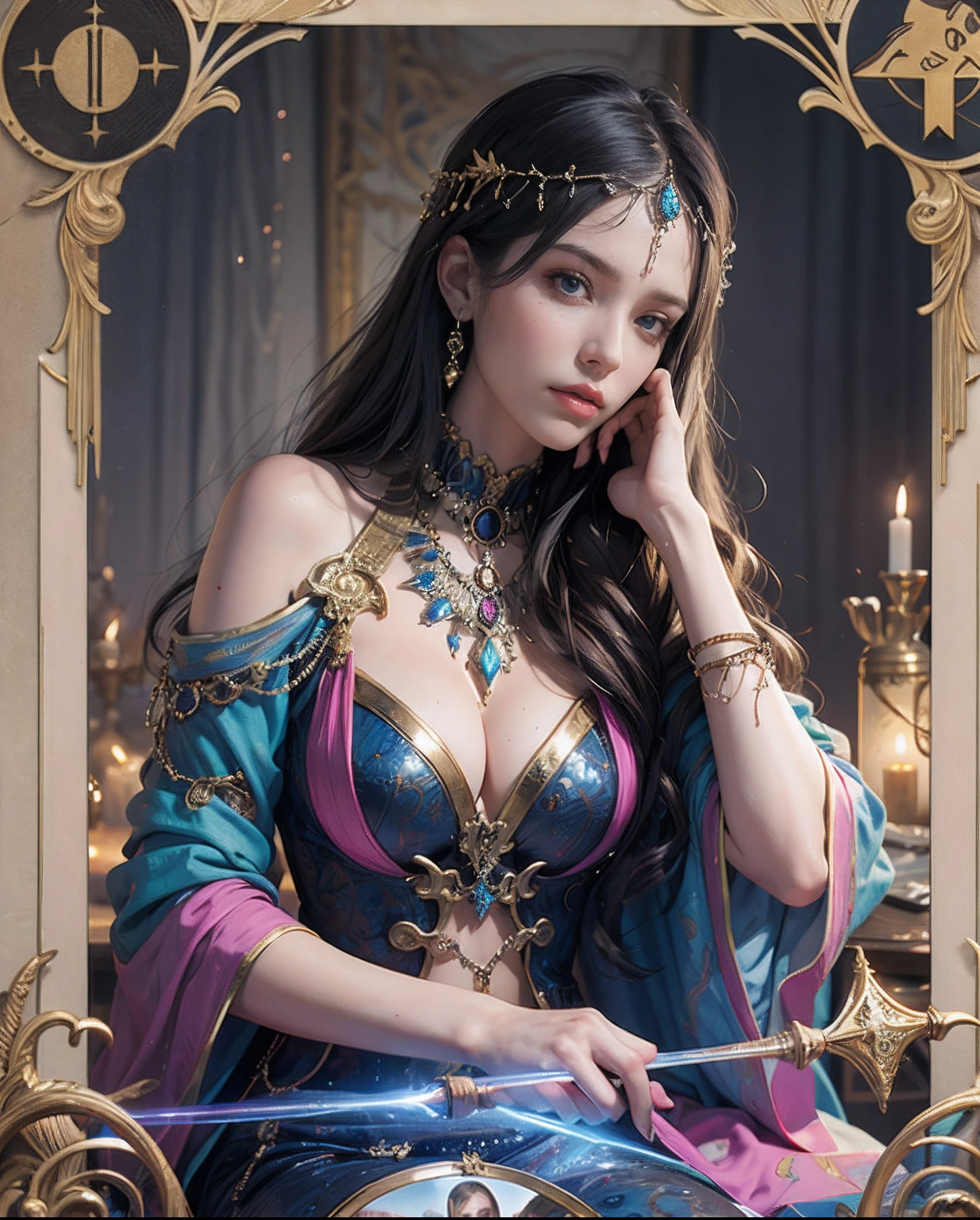 (Extremely detailed+Ultra-realistic) esoteric+Gypsy Sorceress Casting Tarot Cards