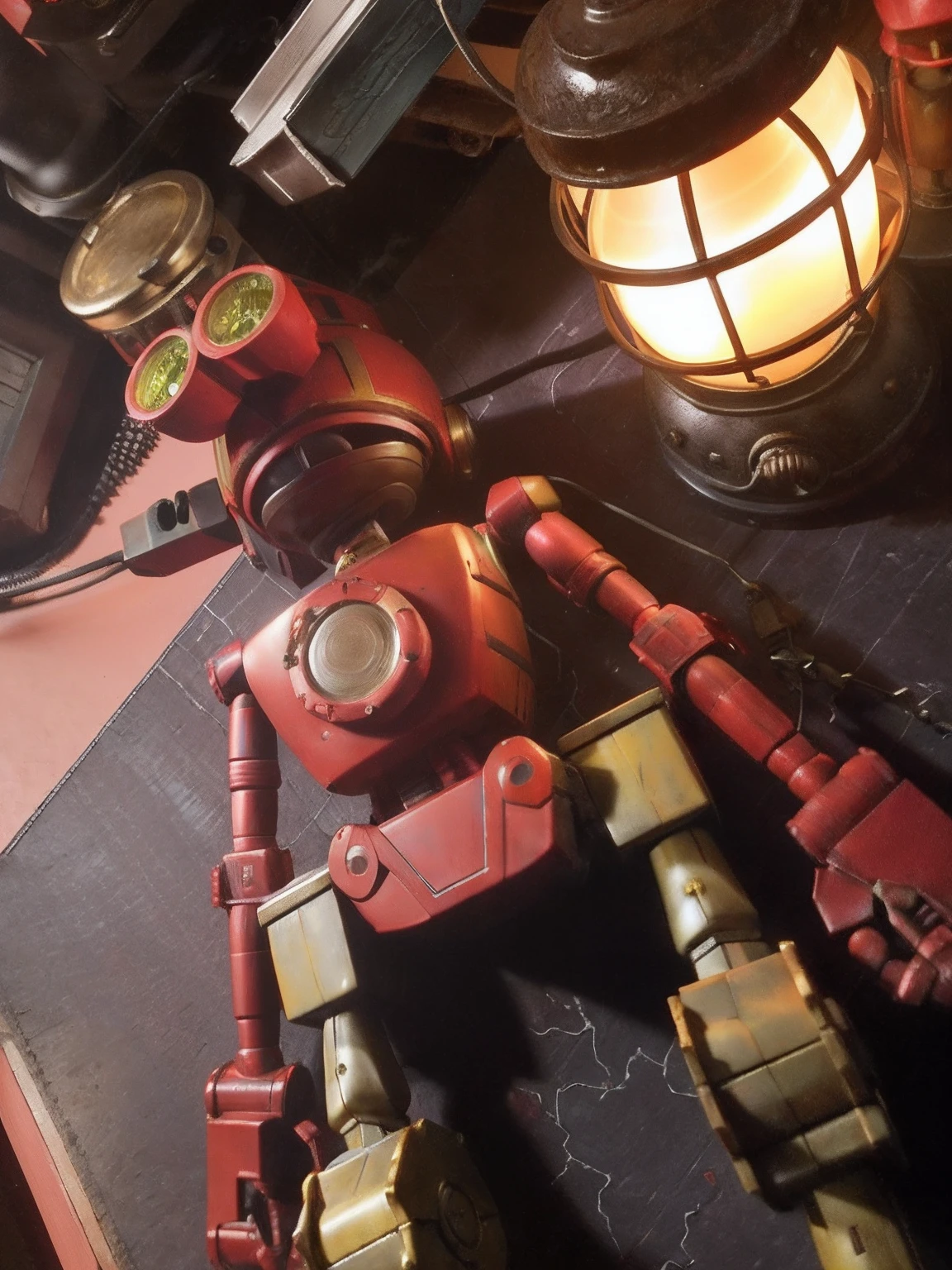 there is a toy robot sitting on a table next to a lamp, a still life of a rusty robot, tintoy characterdesign robot, stop motion character, pvc poseable, a still life of a robot, red mechanical body, the mekanik doll, half - finished robot, small spot light on robot, stop motion vinyl figure, steampunk automaton, steampunk robot