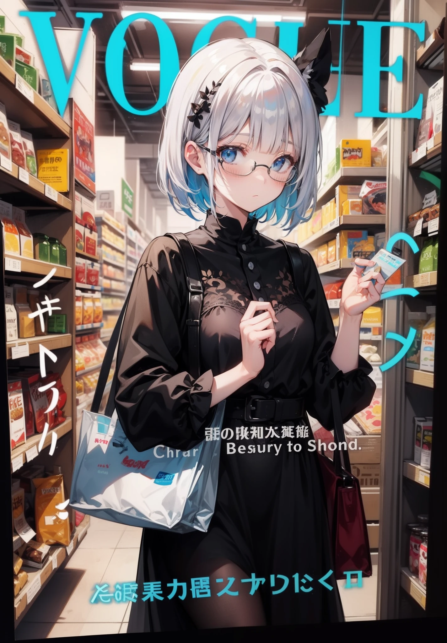 巨作, Best Quality, best illustration, A highly detailed, Upper body, 独奏, 1girll, looking at the scenes, advantage, arms over Two Sides, Beautiful Detailed Eyes, Wearing glasses, the concept of art., blunt bangs, from front, Background food shelves , Shop in the supermarket, White hair, Blue gradient hair, Medium sleeves ,Black dress, watercolor pencil, expressionless, blush, virtual youtuber, short hair hair