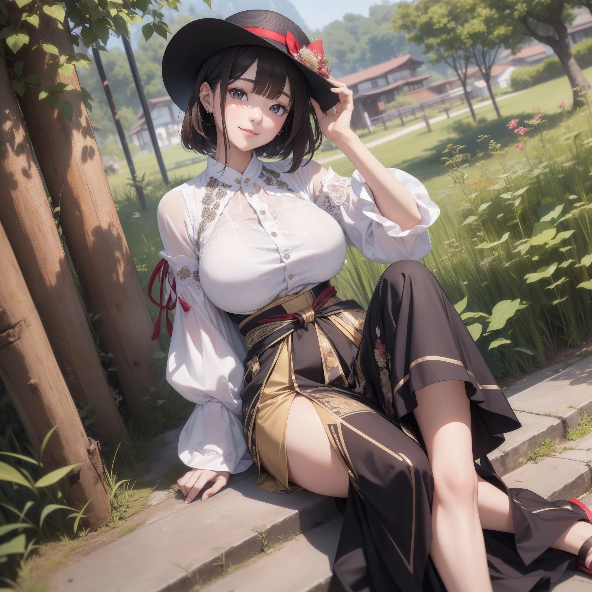 (top-quality、8K、32K、​masterpiece、nffsw:1.2)、A cute Japanese woman、large full breasts、very short bobbed hair、simple background、Look around、A smile、Voluminous sleeve blouse, Maxi skirt, Sandals, hat