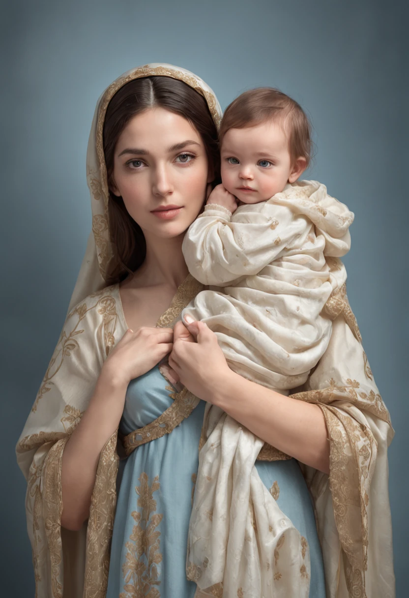 Drawing of a woman holding a beautiful child in her arms, Virgin Mary, Toddler with Jesus, Mother, Queen of Heaven, Beautiful Art, painting of beautiful, Beautiful depiction, Portrait of the Virgin Mary, Catholic Religious Art, rosen maiden, Sacred and beautiful, with a blue background, Boregov, guweiz masterpiece, religious art, Christian art, religious painting、Smile