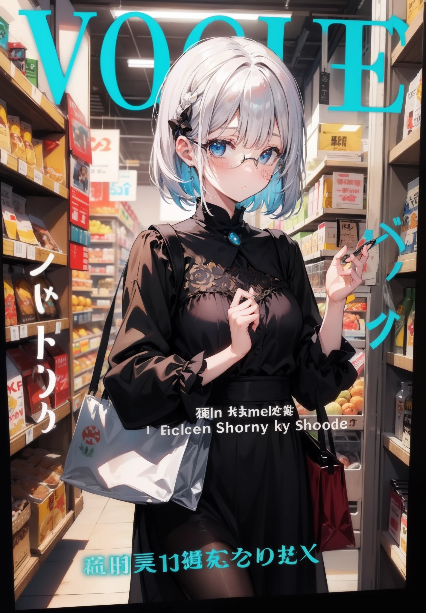 巨作, Best Quality, best illustration, A highly detailed, Upper body, 独奏, 1girll, looking at the scenes, advantage, arms over Two Sides, Beautiful Detailed Eyes, Wearing glasses, the concept of art., blunt bangs, from front, Background food shelves , Shop in the supermarket, White hair, Blue gradient hair, Medium sleeves ,Black dress, watercolor pencil, expressionless, blush, virtual youtuber, short hair hair