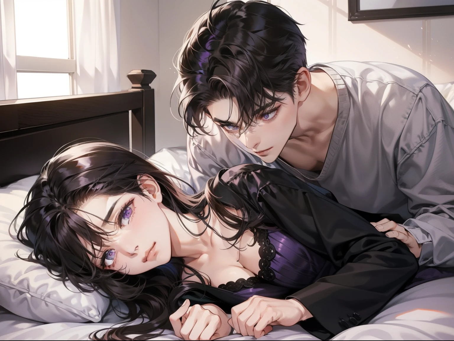 Couple, 1 girl 1 boy, different hair color, long black hair and purple eyes, short brown hair and grey eyes, romance, lie on the bed