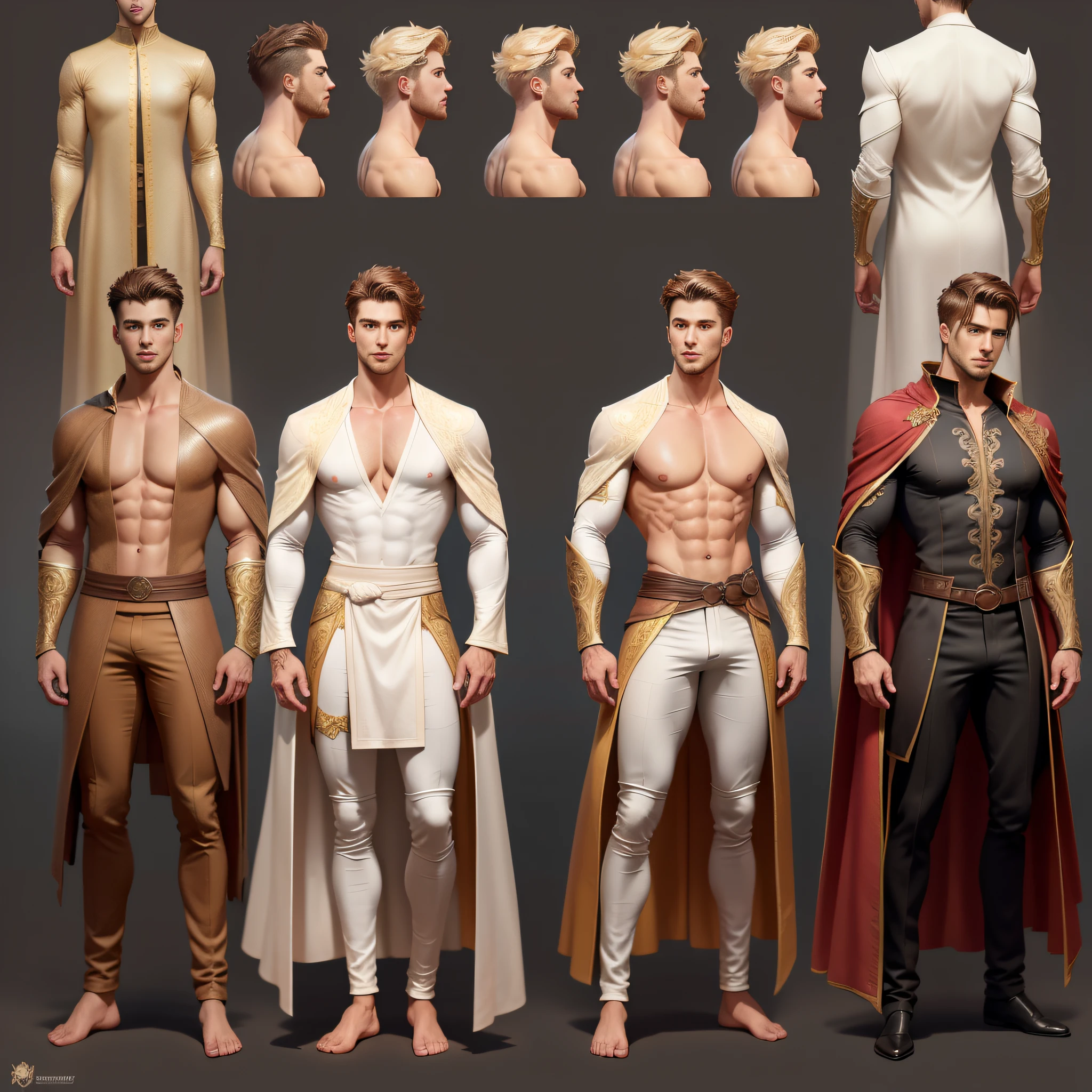 character concept sheet, full body and head, front and back. handsome nude manly young adult man, character reference sheet, (intricate details, Masterpiece, high quality, best quality), handsome face, abs, regal robes, sorcerer robes, tight clothes