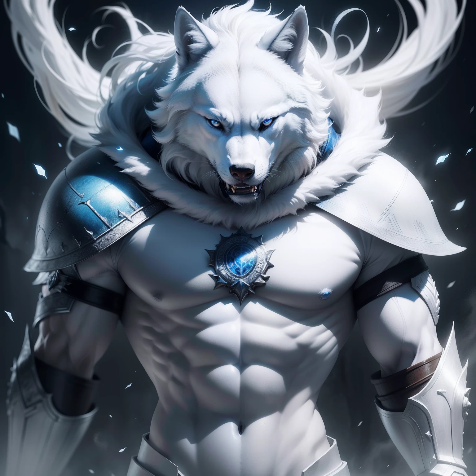 a white wolf with blue eyes, very strong, brave and victorious, 8k, ultrarealistic