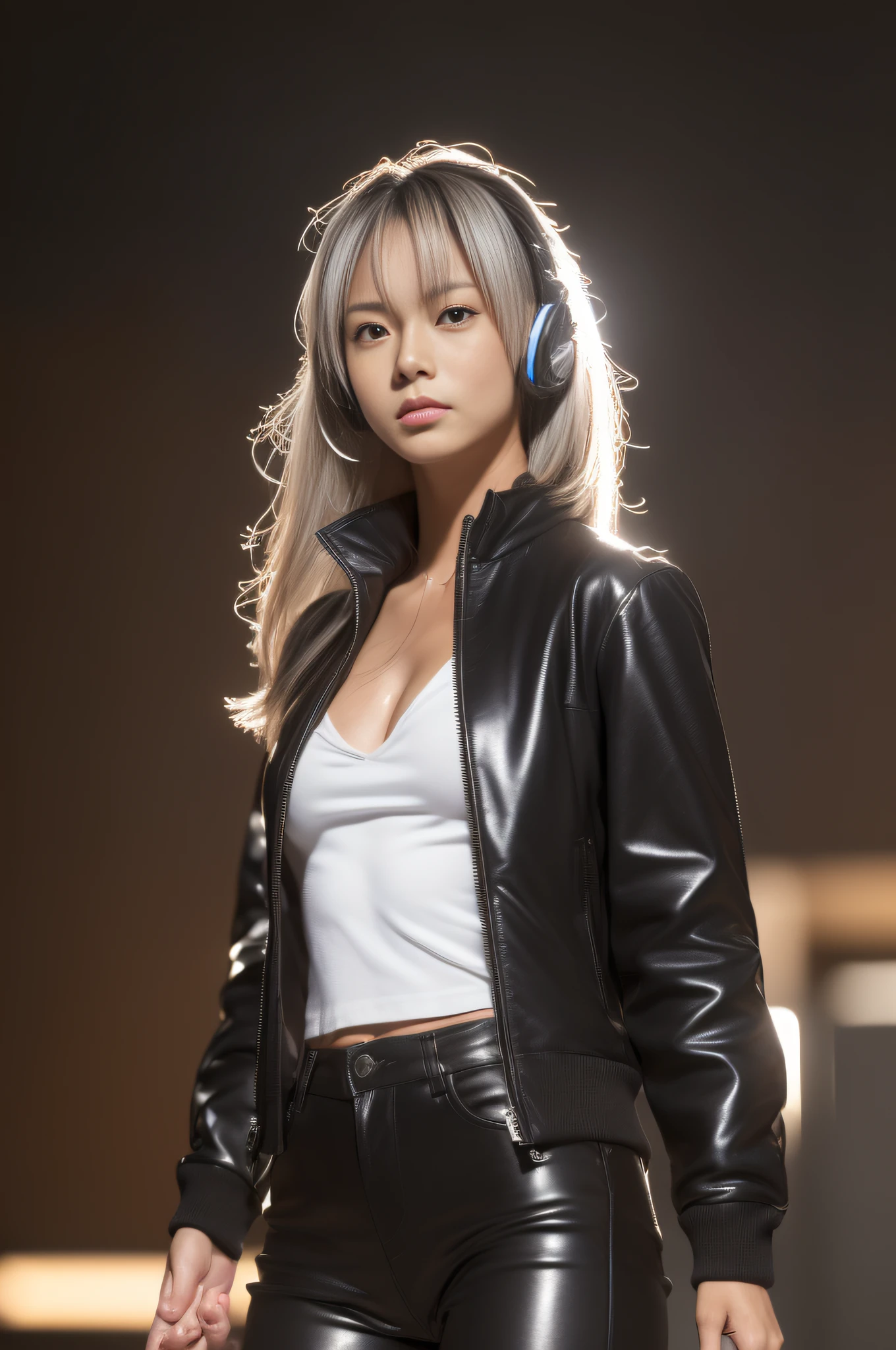 (masutepiece, top-quality:1.3), (Ultra detailed 8K cg:1.2), (hyper realisitic:1.35), (Photorealistic:1.45), (Realistic:1.4), a famous actress of Japan, (Tanned skin:1.5), (gal make:1.5), Silver hair, Dynamic lighting, (Dynamic Pose:1.5), flat chest, neons, Night, Like Hong Kong City, Black leather jacket, (head phone:1.2),