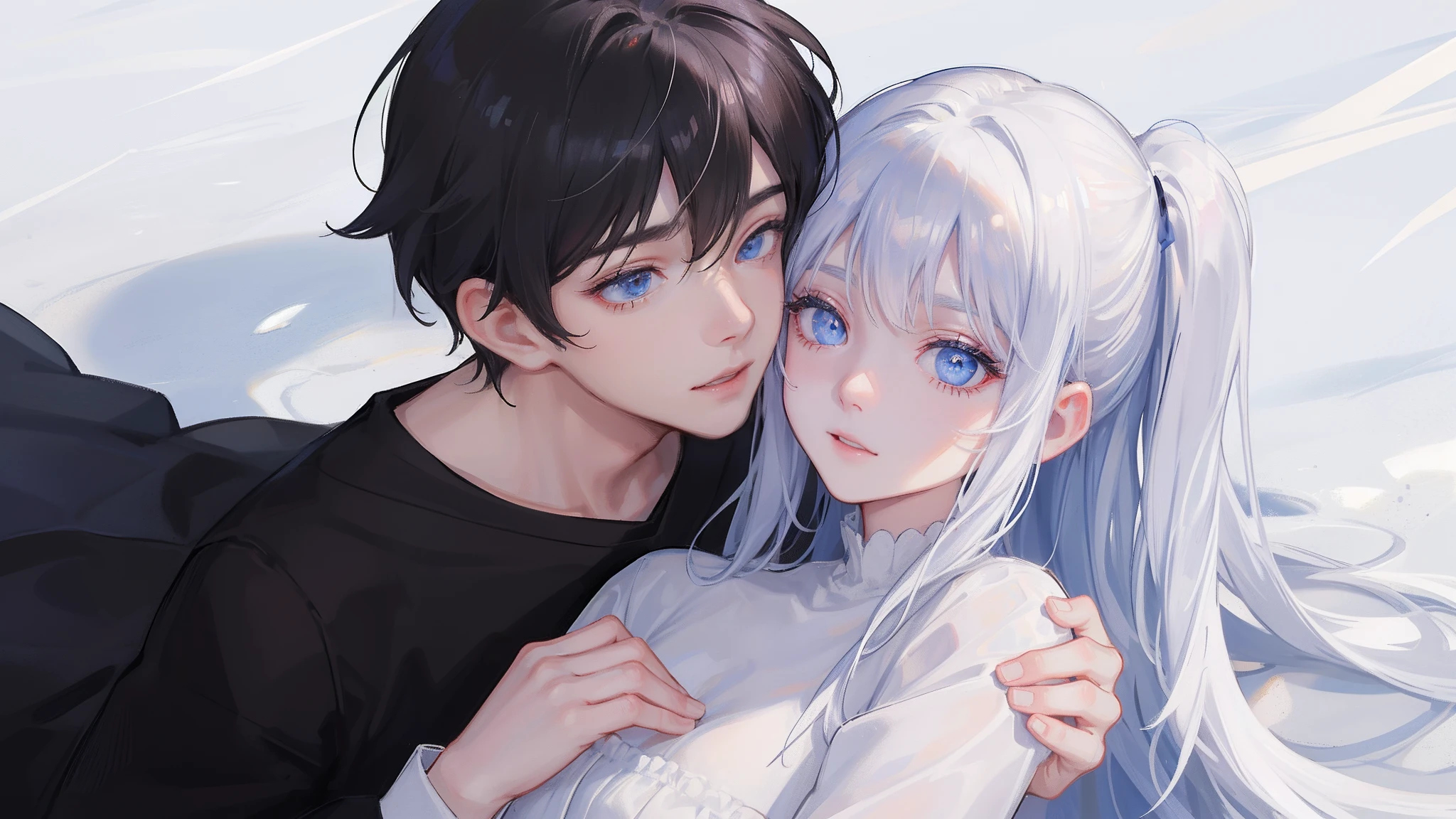 The white-haired, blue-eyed, young girl in a white shirt hugged the boy with black hair and blue-eyed eyes，Embrace the ultimate in light and shadow，k hd，and the sun was shining brightly，is shy，White skin