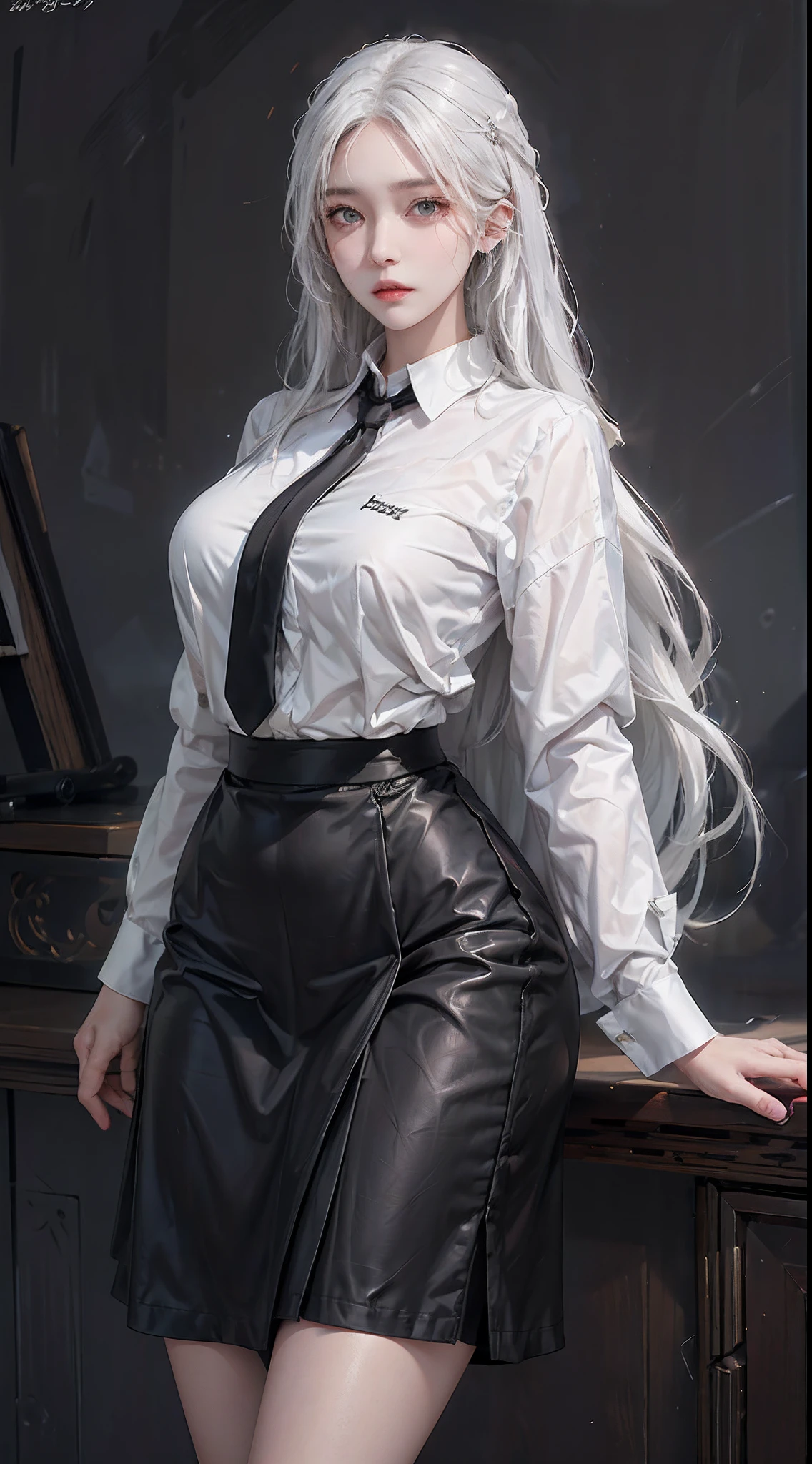 Photorealistic, high resolution, 1 woman, Hips up, Beautiful eyes, White hair, Long hair, ringed eyes, Collared shirt, black necktie,Black skirt, pencil skirts