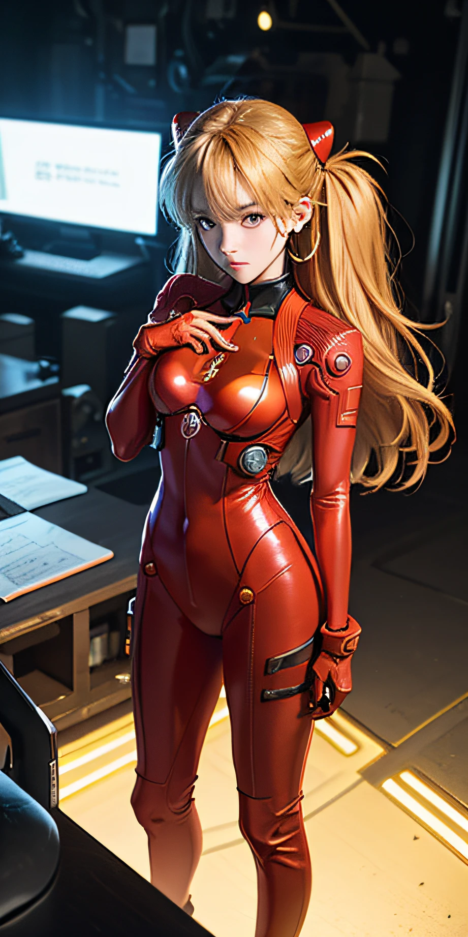 (Overhead view),dynamic angle,ultra-detailed, illustration, close-up, straight on, 1girl, 
 ((souryuu asuka langley, interface headset, red bodysuit:1.4, blonde)),Her eyes shone like dreamy stars,(glowing eyes:1.233),(beautiful and detailed eyes:1.1),(expressionless,closed mouth),(standing), 
(mechanic room with toolsand spaceship windowin a white SPACESHIP),
(night:1.2),dreamy, [[delicate fingers and hands:0.55]::0.85],(detail fingers),