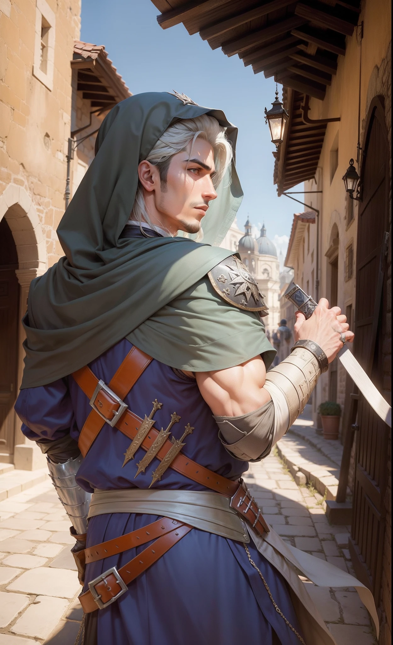 Sebastian Alvarez, assassin, warlike, ready to fight, modest medieval assassin clothes, 16th century, renaissance, age of exploration, age of 25, young, man, Portuguese, observative, Restless, waiting for a chance,Blitzkrieg, attack, proactive, hate, strong muscular, background is dary alley seville 15th century