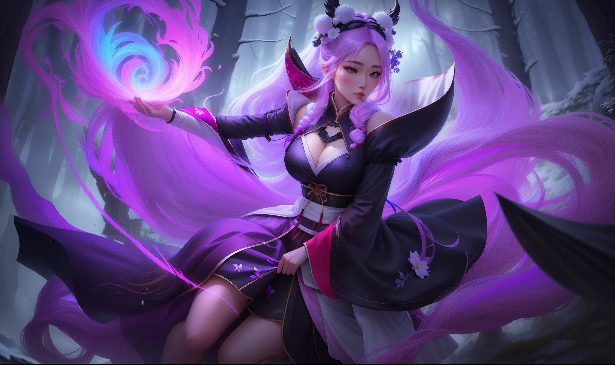 Close-up of a,It is surrounded by tall trees and a gentle mist.league of legends character art, League of Legends concept art,league of legends splashart, League of Legends character, league of legends art, from league of legends, Riot game concept art, league of legends style art, league of legends splashart, league of legends champion,komono, Hanfu,Taoist uniform,Off-the-shoulder attire,shift dresses,Lolita prostitute,Motion blur, Depth of field means reflection,extreme light,fog atmosphere,The moonlight shone on the side of the girl's face,realisticlying,no-bra,vacuum,Extra-long sleeves,Long off-the-shoulder dress,huge tit,cleavage,Full length of colorful hair(1.9),Color gradient for long hair,Messy hair,Barefoot,Full body like,realskin,realcumAI,Snow-white skin,Snow-white alluring thighs,Top image quality,Extreme light and shadow,White panty hose,High details,Standing painting,lines of movement,dynamicposes,komono,PC Wallpapers,Two-thirds of the canvas generates the body,Move the chart Green Forest,