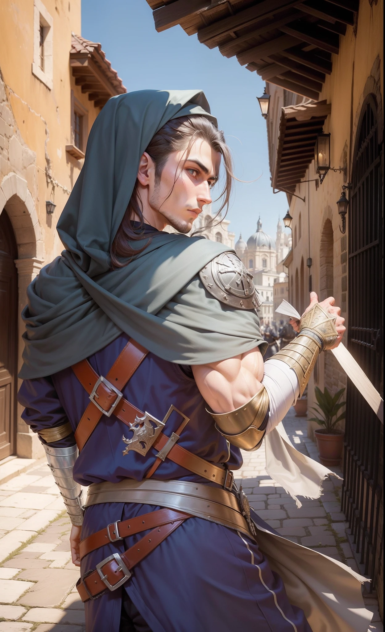 Sebastian Alvarez, assassin, warlike, ready to fight, modest medieval assassin clothes, 16th century, renaissance, age of exploration, age of 25, young, man, Portuguese, observative, Restless, waiting for a chance,Blitzkrieg, attack, proactive, hate, strong muscular, background is dary alley seville 15th century