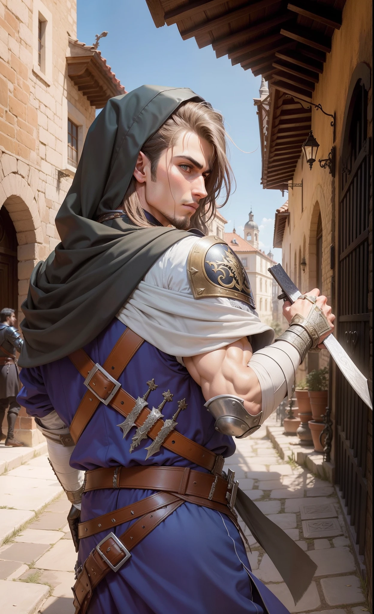 Sebastian Alvarez, assassin, warlike, ready to fight, modest medieval assassin clothes, 16th century, renaissance, age of exploration, age of 25, young, man, Portuguese, observative, Restless, waiting for a chance,Blitzkrieg, attack, proactive, hate, strong muscular, background is dary alley seville 15th century