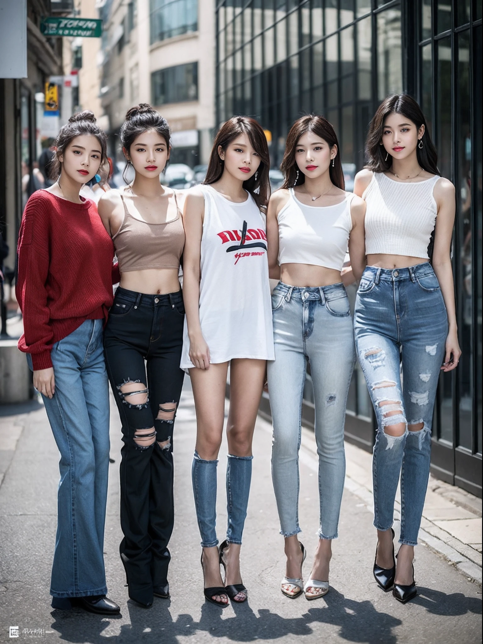 (RAW photo:1.2), (Photorealistic:1.4),Beautiful detailed woman,very detailed eyes and faces, A detailed eye, ultra - detailed, A high resolution, The is very detailed,best qualtiy,illustratio,unified,8k 壁纸,tmasterpiece,best qualtiy,A group of young women standing side by side in jeans, casual clothing style, casual modern clothing, blackpink, modern casual clothing, wearing casual cloths, female human body whole body, ( ( ( Wearing jeans ) ) ), Fashion clothing, photoshoot, wearing black clothes, wearing casual cloths