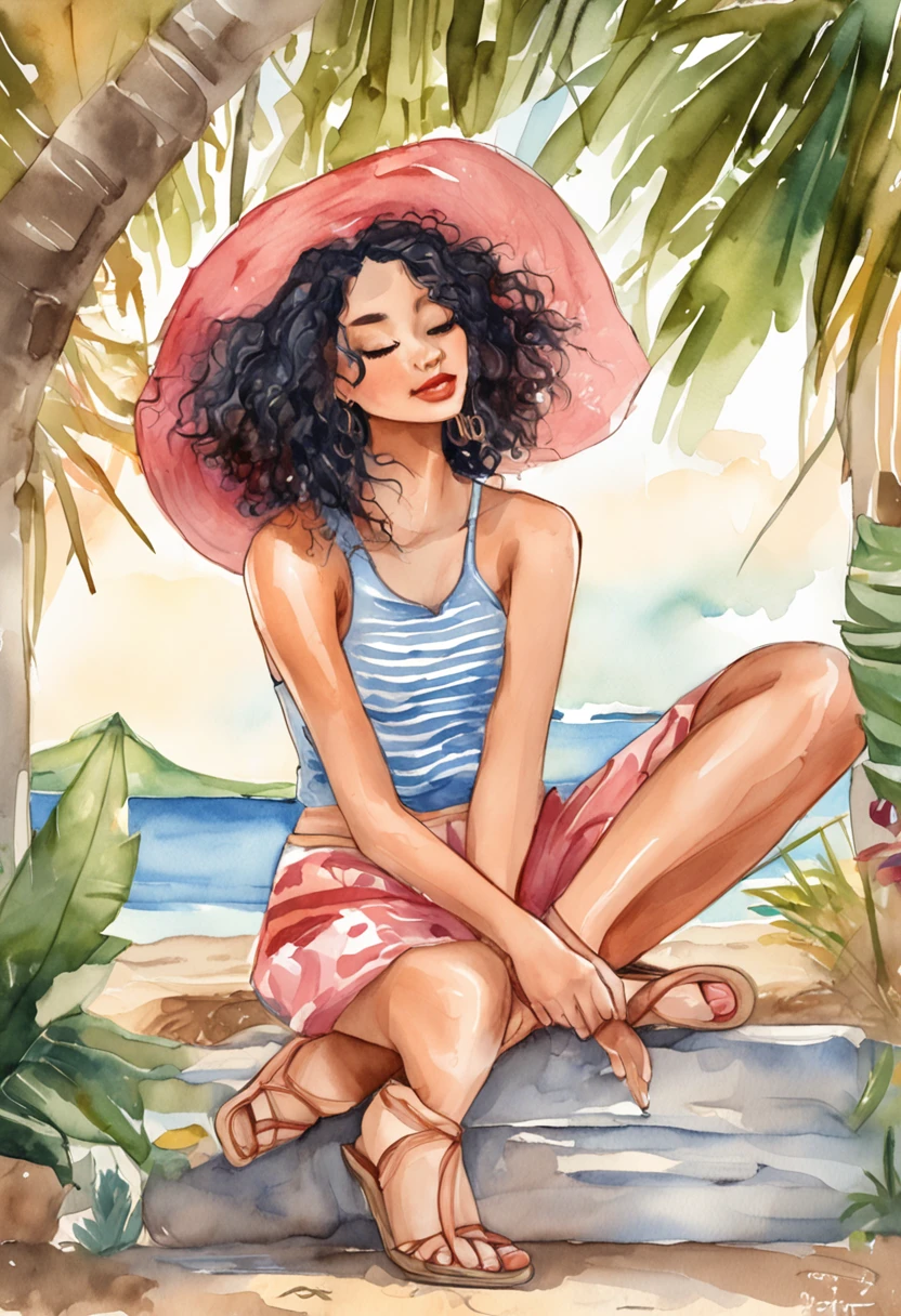Woman with black curly hair, 詳細な目, Pink top and denim shorts on the beach, Digital illustration style, Beautiful digital illustration, stunning digital illustration, Beauvot Art Style, Stylized digital illustration, Exquisite digital illustration, beautiful digital art, realistic digital illustration, aquarelle,colored chalk