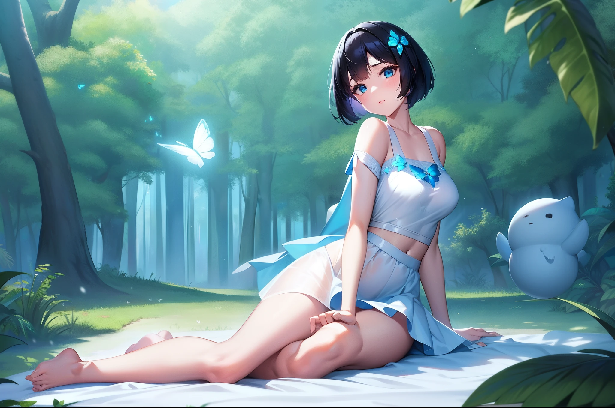 a pregirl,Transparent white pajamas,Short blue skirt,Super-short top,Reveal a snow-white belly,exposing thighs,expose arms,with short black hair,Blue butterfly hairpin,Turquoise blue eyes,In the jungle,Lie down,Go to bed,Arms open and straight,Spread and bend your legs,Hand grasp on the grass
