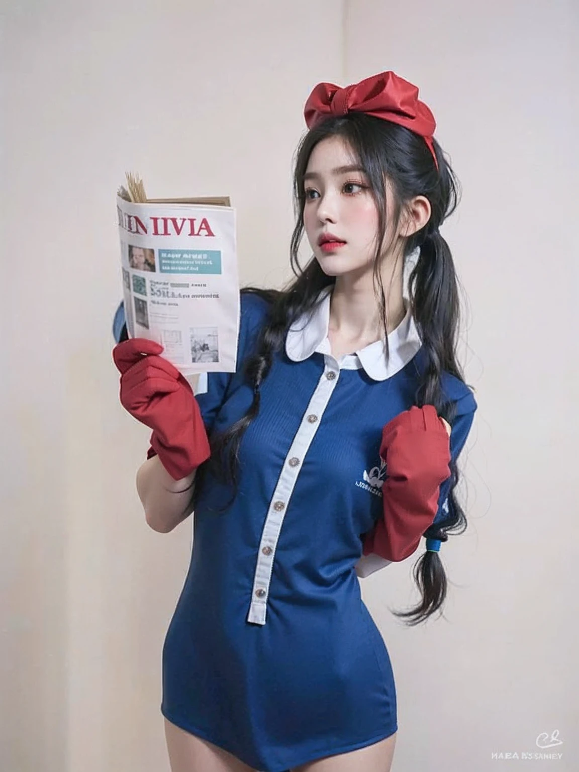 Araffe vestido com uma roupa azul e branca segurando um jornal, twintails branco_Luvas, Ulzzang, tons de azul e vermelho, Segurando um livro, azul e vermelho, Roupas vermelhas e azuis, em uma roupa de cadete espacial, cores azuis com detalhes em vermelho, vestindo uniforme de diretora, estilo y2k, y estilo 2k, Tohsaka also.,((qualidade maior que 8k, 1.4))