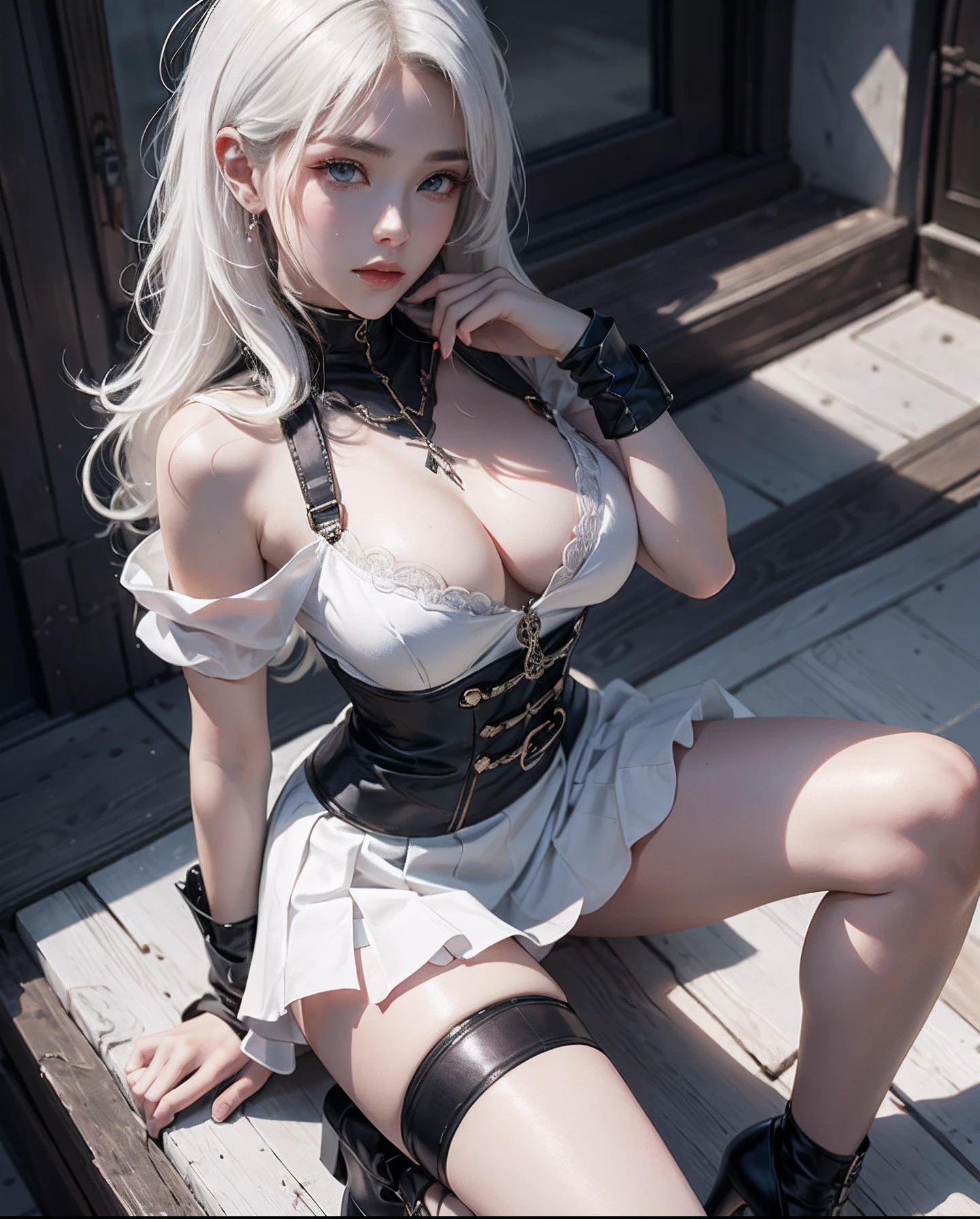 1Beautifulwoman，ff Tifa， X-Menstorm, Lightning is in your hands, Homogeneous symbionts, Venom,, pure white hair, skirt by the,glowing light eyes、Angle from above the knee、Breasts are small and B size、A slender、Cleavage is visible。Paws are thin and beautiful,the skin is white and transparent,Hair shortcuts、high-heels、