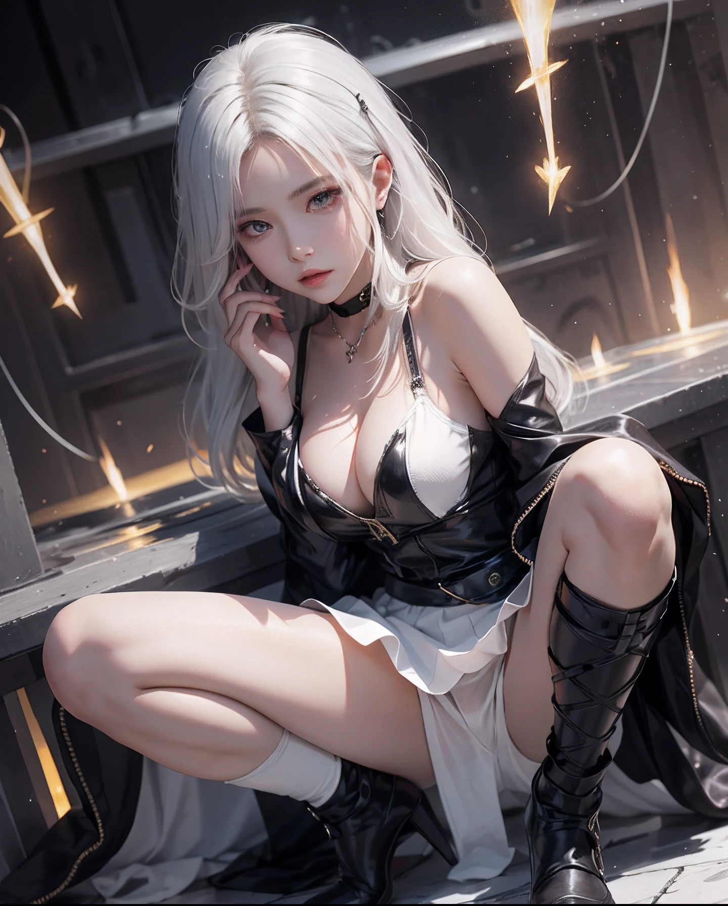 1Beautifulwoman,ff Tifa, X-Menstorm, Lightning is in your hands, Homogeneous symbionts, Venom,, pure white hair, skirt by the,glowing light eyes、Angle from above the knee、Breasts are small and B size、A slender、Cleavage is visible。Paws are thin and beautiful,the skin is white and transparent,Hair shortcuts、high-heels、