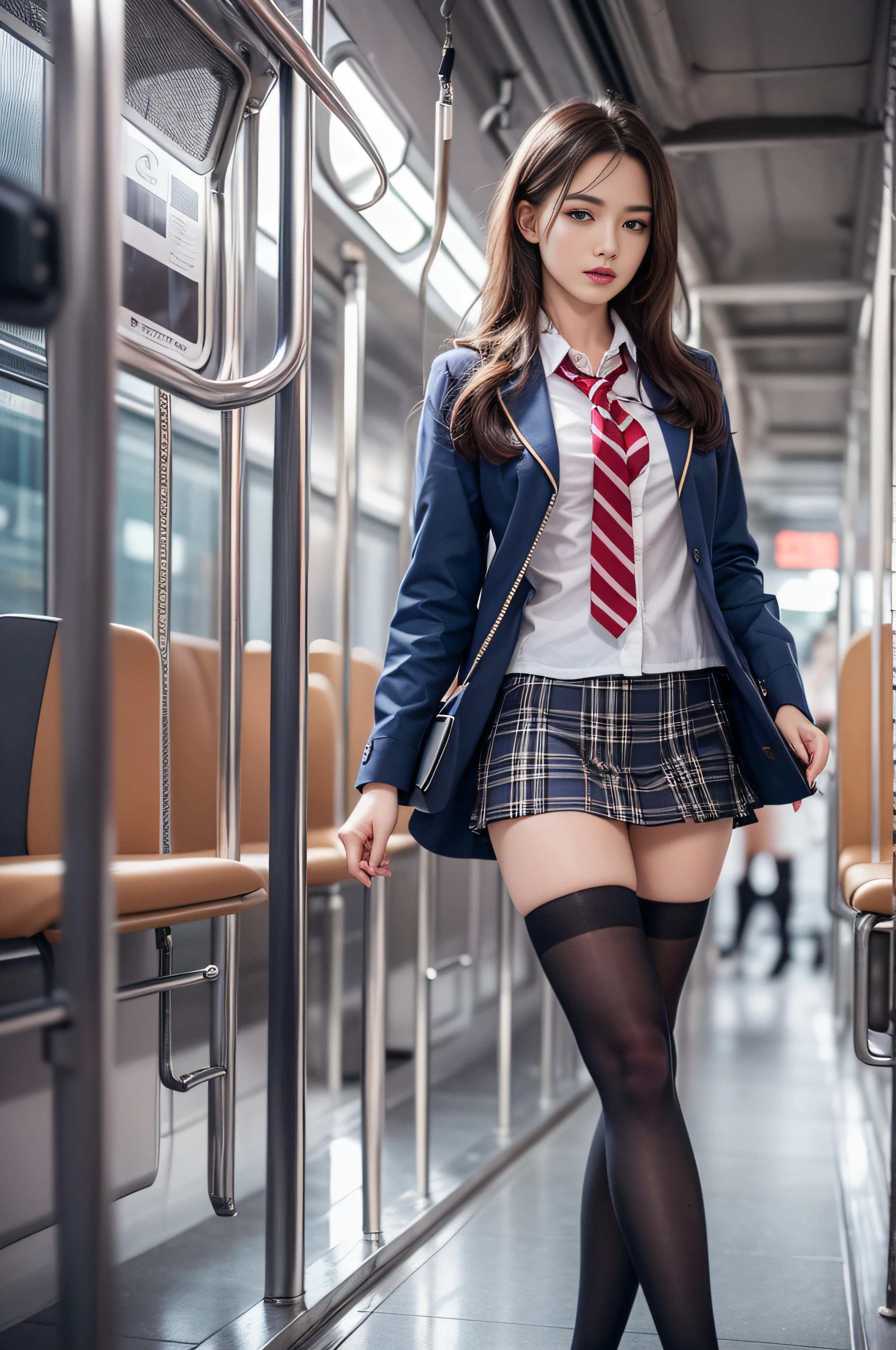 (in 8K、Raw photography、Highest Quality、realisitic、Photorealsitic、Professional Lighting、masterpiece、extremely delicate and beautiful、Highly detailed、finely detail、ultra-detailliert、hight resolution、low angles)、1girl in、Solo、Alone、18 year old beautiful schoolgirl、in a high school uniform、(Subway seats)、Sitting on a chair with open legs、Dark blue jacket and plaid skirt、white shirt、neck tie、Black loafers、beauitful face:1.5、tall、Brown hair、Bare legs、perfectly proportions、small tits、Open legs like Sharon Stone、Open your crotch、Sensual legs、I can see the white panties:1.5、Pubic hair is visible、The shape of the woman's pubic area is clearly visible
