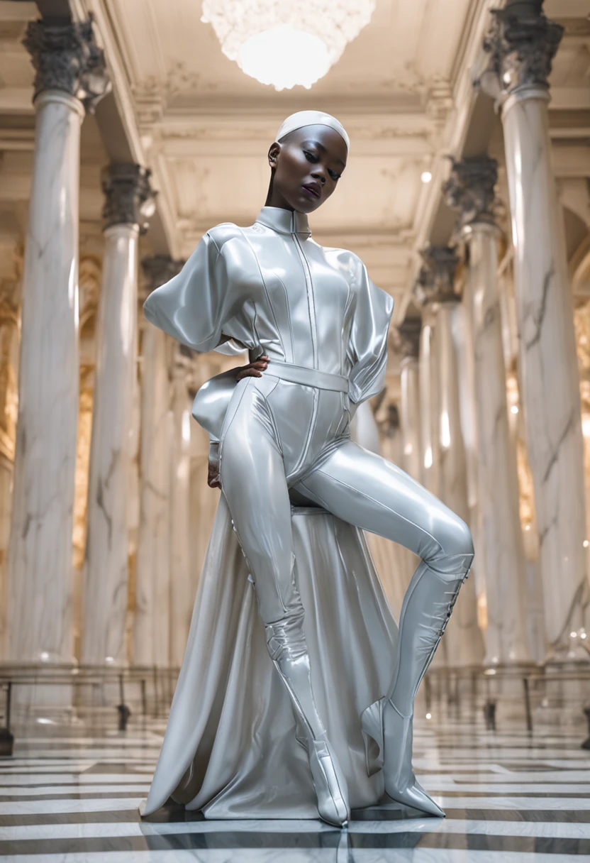 well lit fashion shoot portrait of extremely beautiful female marble statue in a dynamic pose wearing latex outfit by dingyun zhang, yeezy, balenciaga, vetements, a cold wall, sharp focus, clear, detailed, cinematic, detailed, off white, glamourous, symmetrical, vogue, editorial, fashion, magazine shoot, glossy --q 2 --s 750