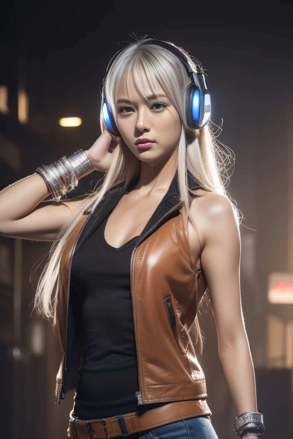 (masterpiece, top-quality:1.3), (Ultra detailed 8K cg:1.2), (hyper realisitic:1.35), (Photorealistic:1.45), (Realistic:1.4), a famous actress of Japan, (Tanned skin:1.5), (gal make:1.5), silver hair, Dynamic lighting, (Dynamic Pose:1.5), flat chest, neon, like Hongkong city, black leather jacket, (headphone:1.2),