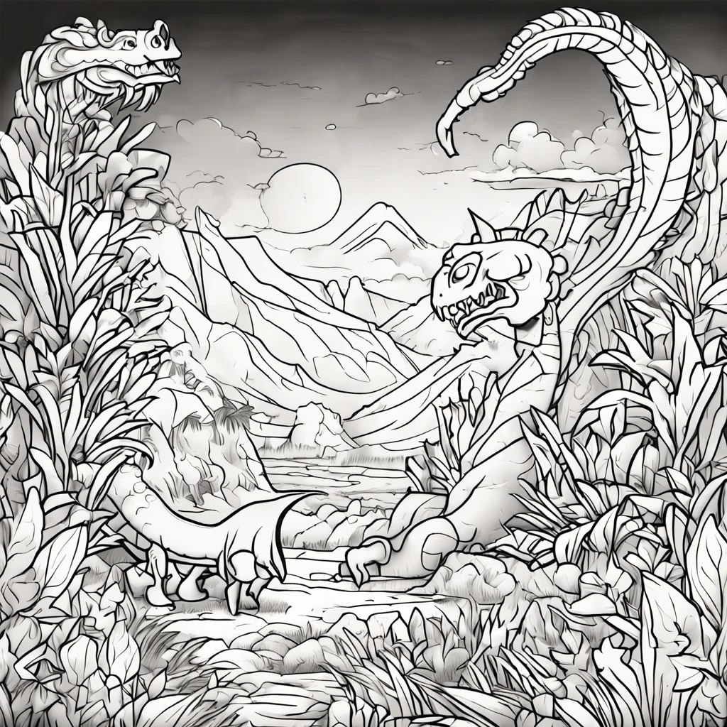 Coloring page, no color, dragon in a jungle, cartoon style, no detail, no shading, no color, no shadow, low detail