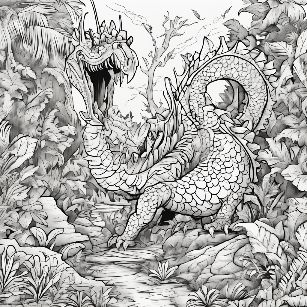 Coloring page, no color, dragon in a jungle, cartoon style, no detail, no shading, no color, no shadow, low detail