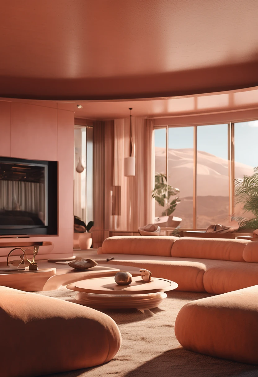 sxnfv style, sunken living room conversation pit 70s, retrofuturism interior design, imaginary 3d dreamy 8k blender architecture render, neutral beige color scheme