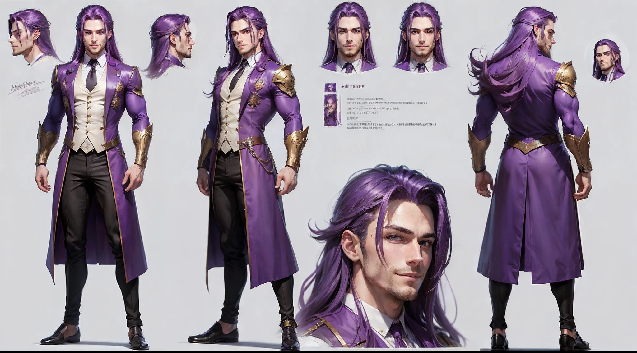 ((Masterpiece)),(((Best Quality))),(Character design sheet,same character,front,side), Male Reference List, long purple hair, purple eyes, Smiling, Doctor's gown, A cunning face, Detailed hair, (Simple background, whitebackground: 1.3),  muscle body,  handsome body