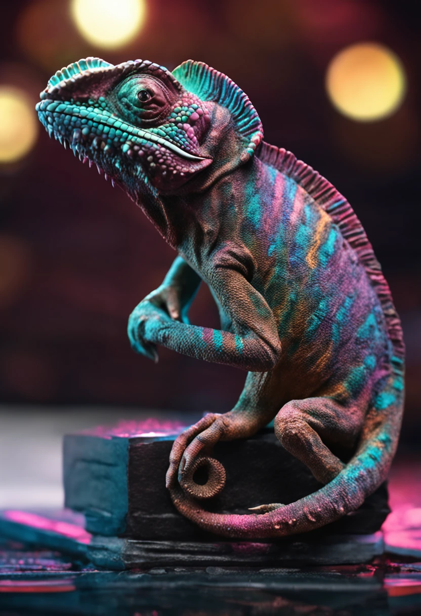 Evil chameleon dark background with roman statue
