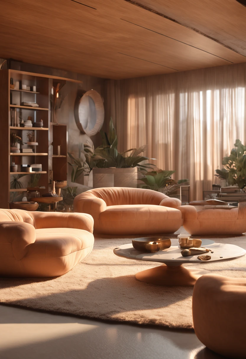 sunken living room conversation pit 70s, retrofuturism interior design, imaginary 3d dreamy 8k blender architecture render, neutral beige color scheme --ar 2:3 --q 2 --v 5