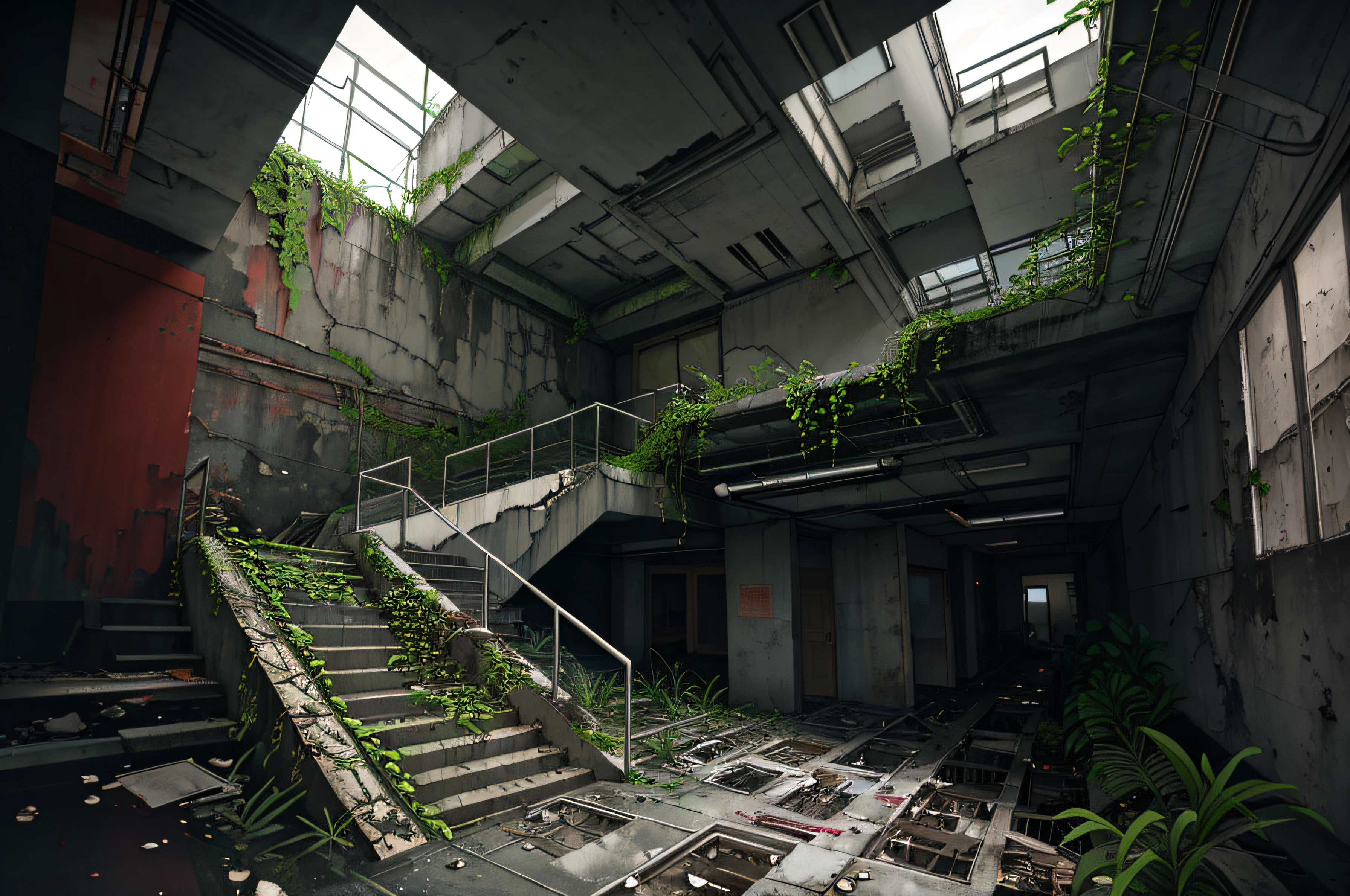 abandoned broken window, concrete, day, dilapidated escalator, flood, pit in the room no people, overgrown plants, post-apocalypse, railings, ruins, landscape, signboard, branded staircase, stone staircase, sunlight, water
