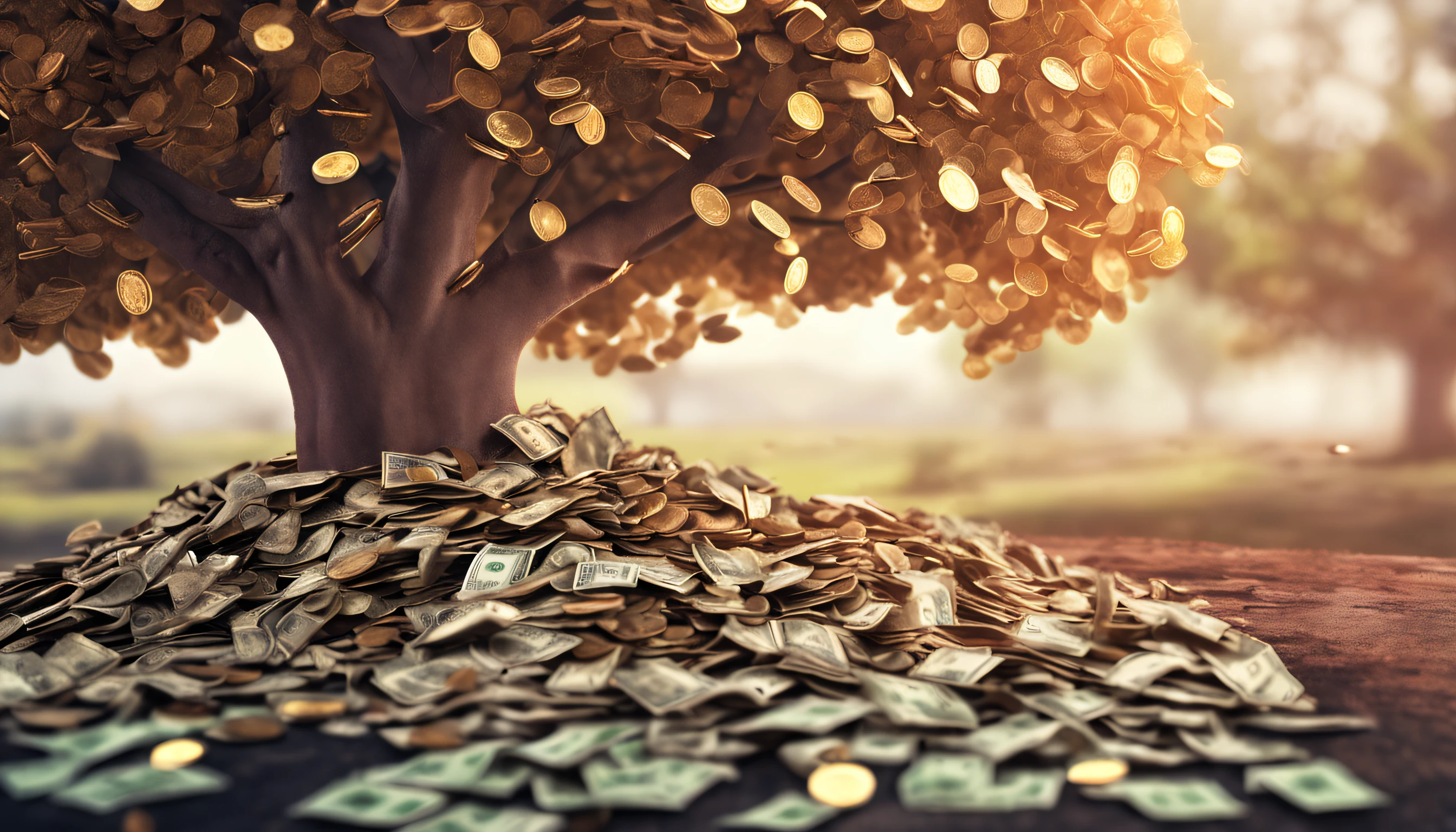 There is a tree made of money sitting on a pile of coins, Rich Tree, Wealth, Collective Civilization Tree, leaves made of money, Money, Highly rendered, by Andrew Strovovich, Decoration, istockphoto, Made of money, by Dan Christensen, Cash, Awards, Windfall, By: Alexander Giemsky, Surreal, 10K, (Panorama)