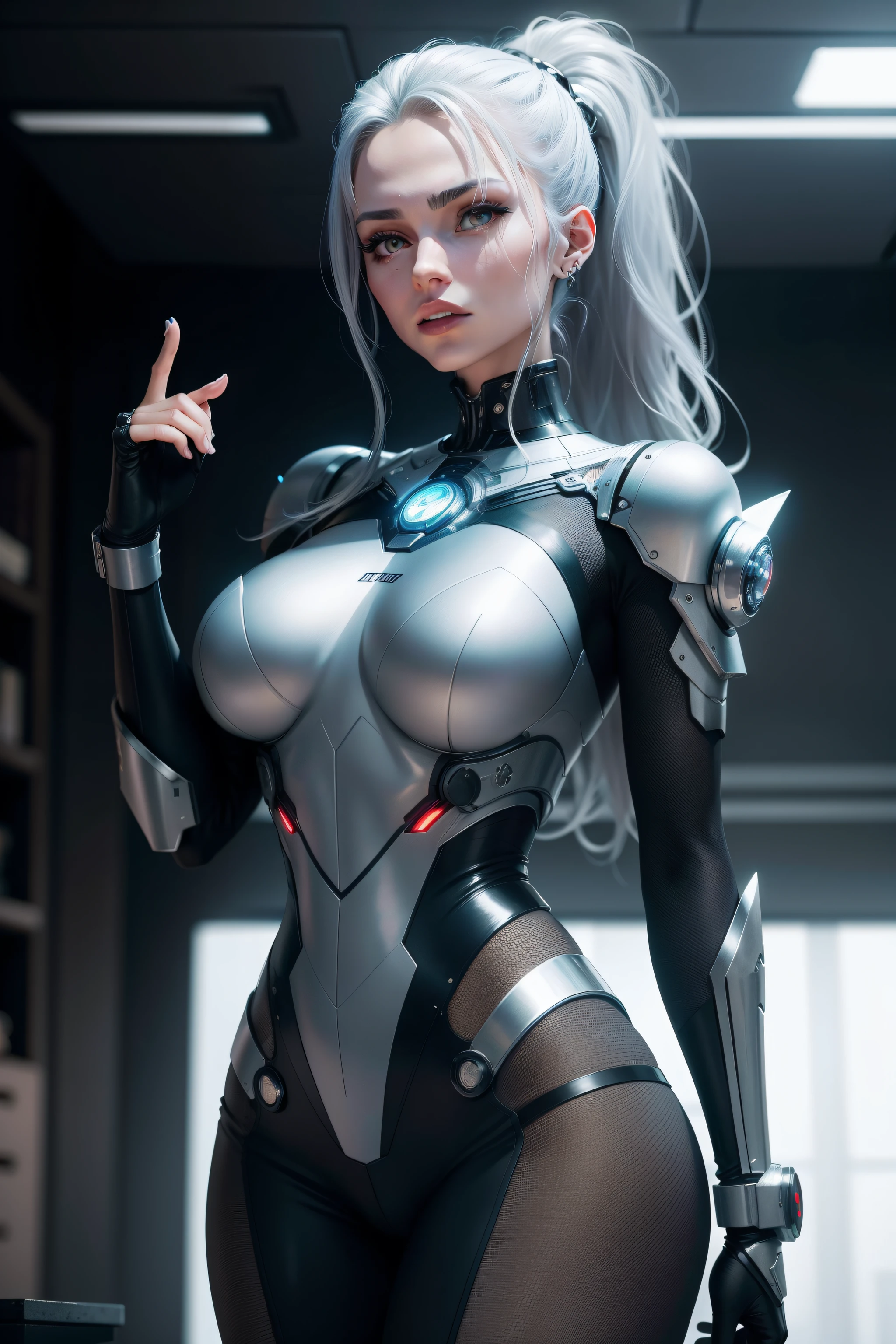 ((top quality)),(detailed description),(best work of art),Sci-Fi Art, tight suit, cleavage、beautiful eyes、3D rendering、smile、silver hair、realistic、future city