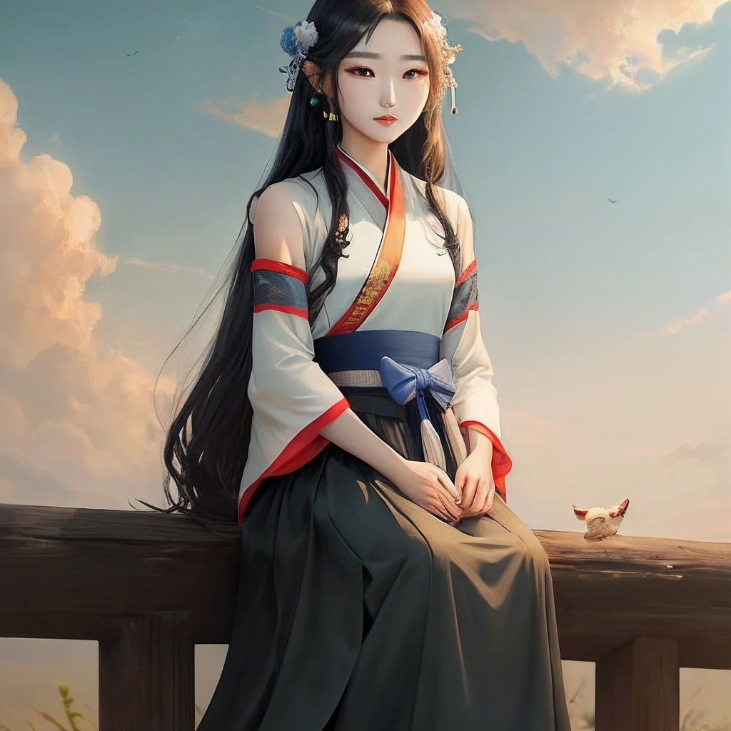 Hanfu beauty，Long black hair，largeeyes，Cherry small mouth，sky blue long skirt，Sweet and cute