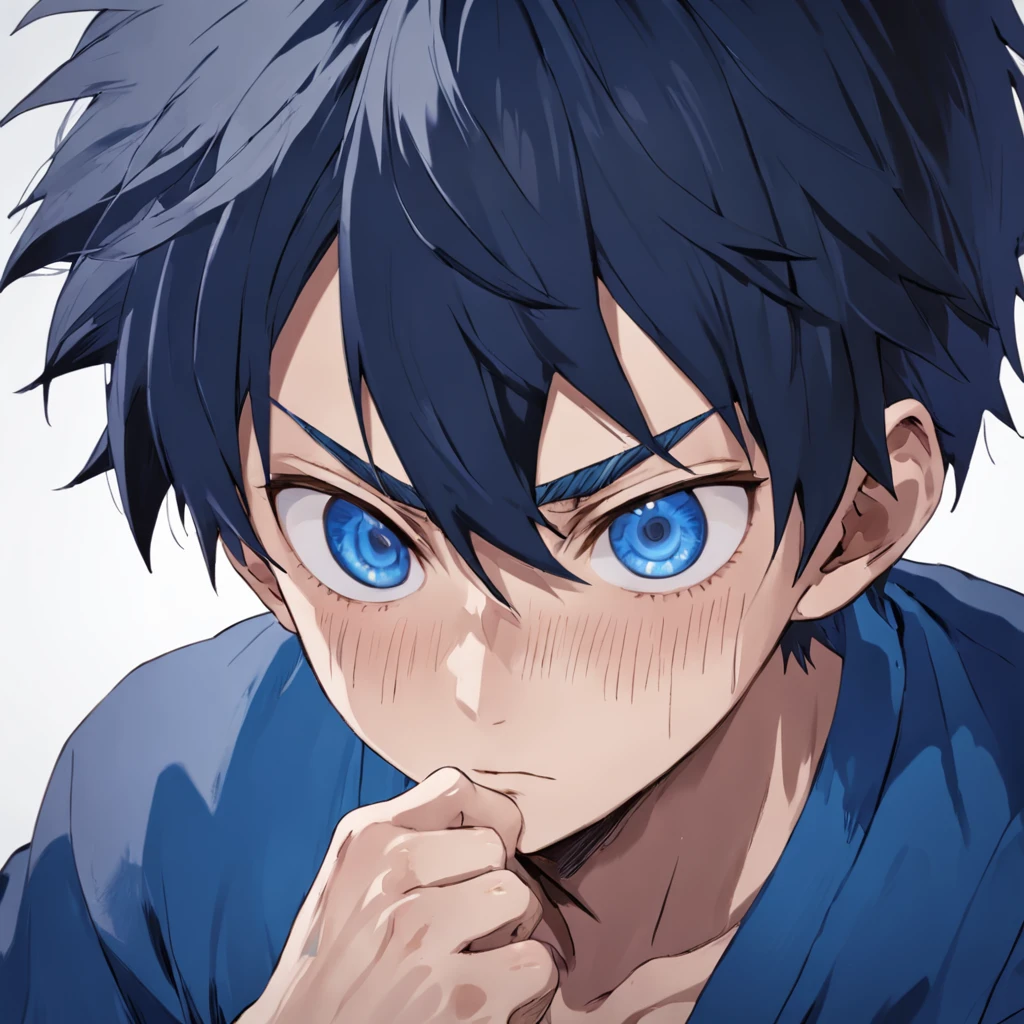 Asian Japanese boy in anime jujutsu kaisen trait with pale skin, slanted dark blue eyes, delicate face, mole under one eye, messy black hair.