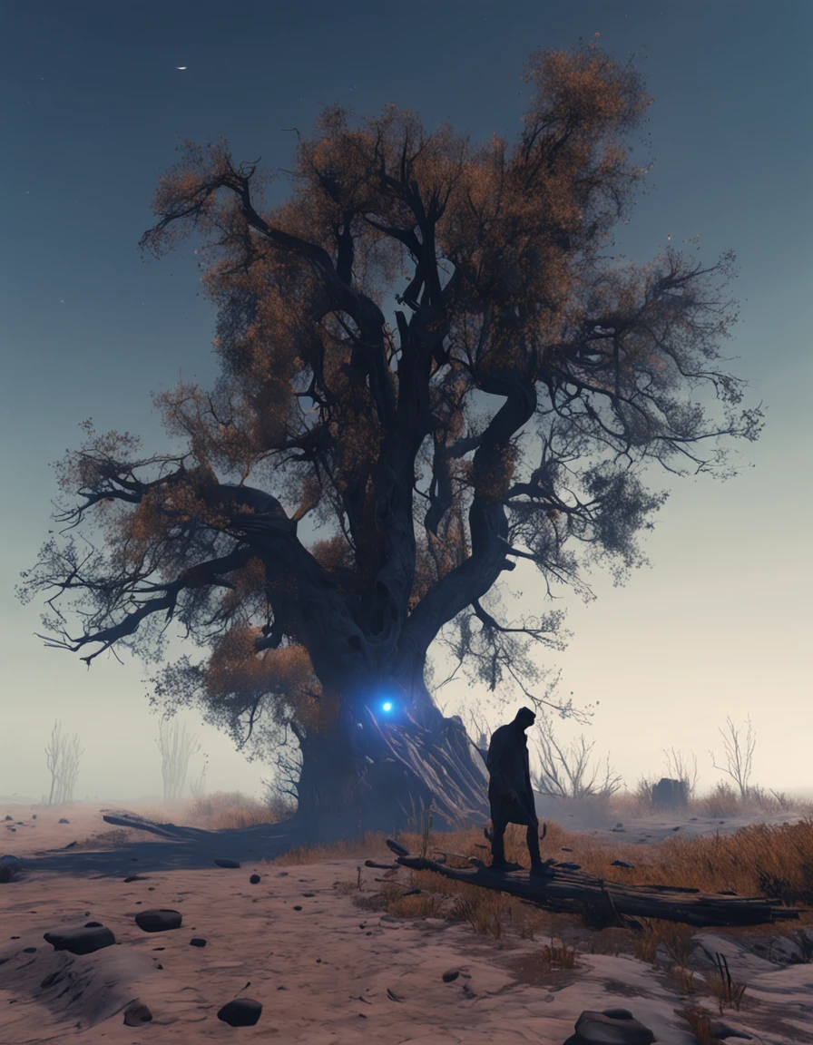Two crows on a dead tree, A shadow shaped like a walker, Starry night, Thick fog on the ground, Blue light on the horizon, Unreal Engine 5, Cinematic, low angle photography, Motion blur, Depth of field, Dust, Cobblestones and dirt. Splash Art, dripping paint. Perfect color grading. Influenced by Karel Appel and Jeremy Mann, Full of dramatic and threatening scenes
