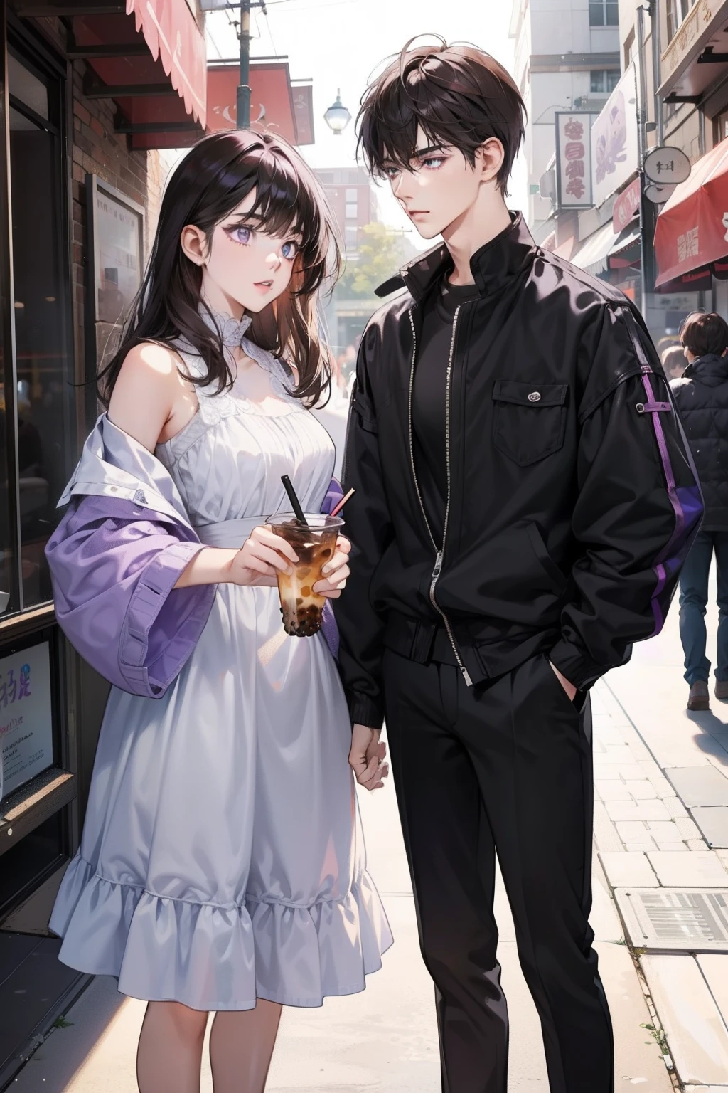 Couple, 1 girl 1 boy, different hair color, long black bang hair and purple eyes, short brown hair and grey eyes, side by side, bubble tea