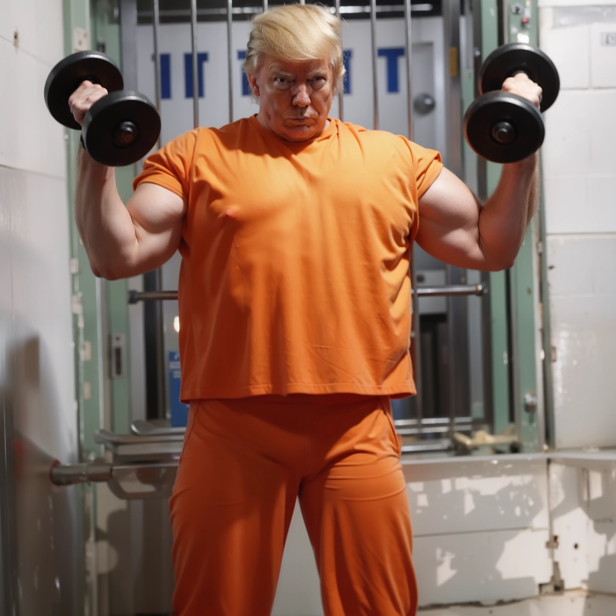 Donald Trump lifting weights in prison.