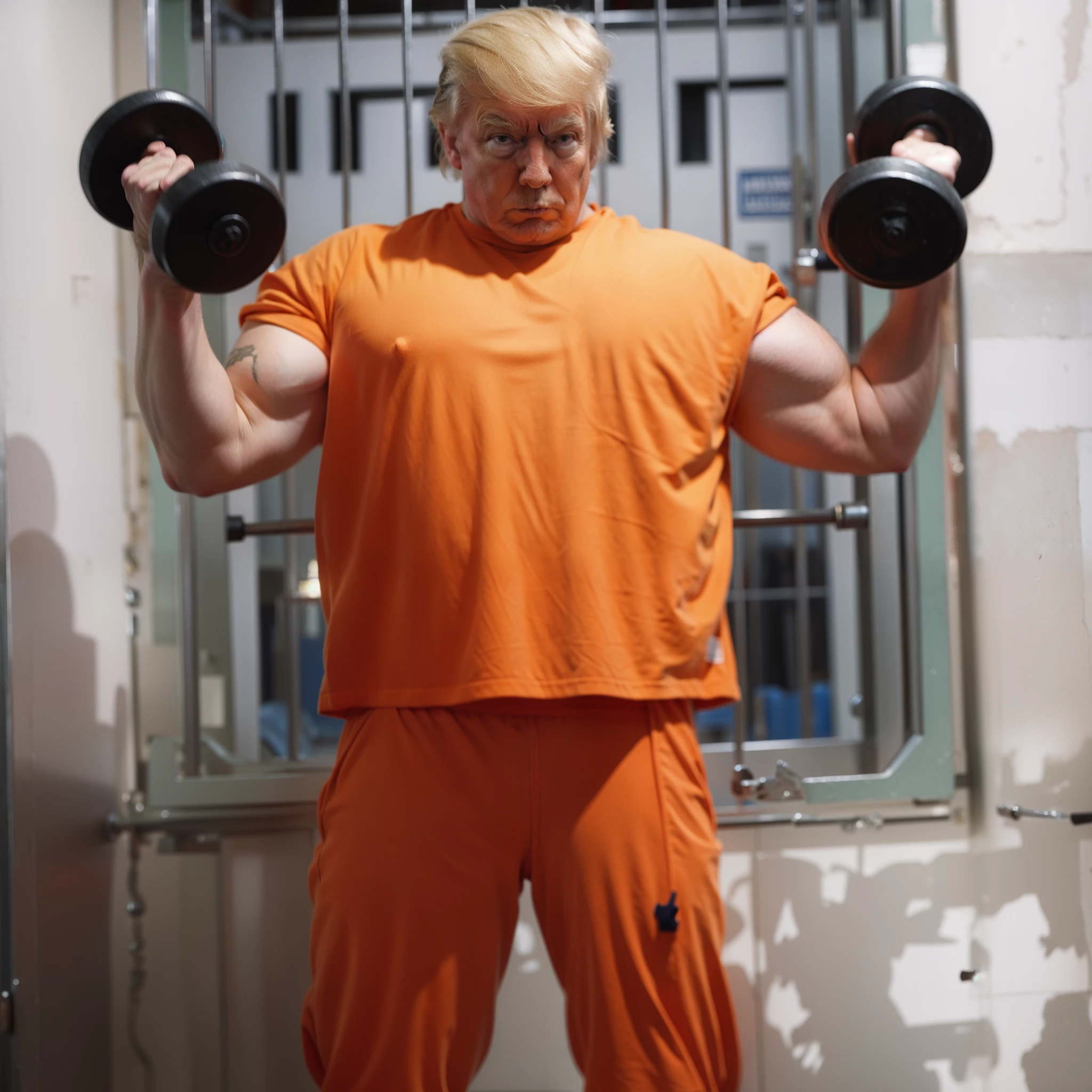 Donald Trump lifting weights in prison.