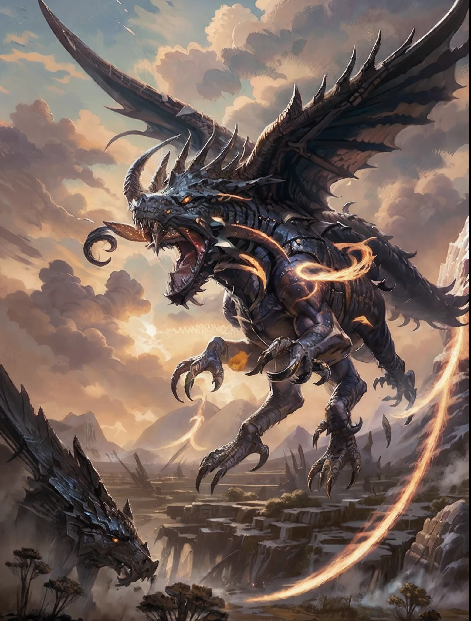 /Imagine Prompt: An epic fantasy battle on a vast open plain, Armies of mythical creatures and warriors in confrontation, wielding fantastic weapons, Una tormenta que se avecina en los cielos oscuros, Un rayo golpeando el suelo, Dragones volando por encima, A sense of greatness and heroism in the midst of chaos, arte, Mixtas, Combining digital paint and traditional paint for action, Dynamics and detail, --ar 16:9 --V 5