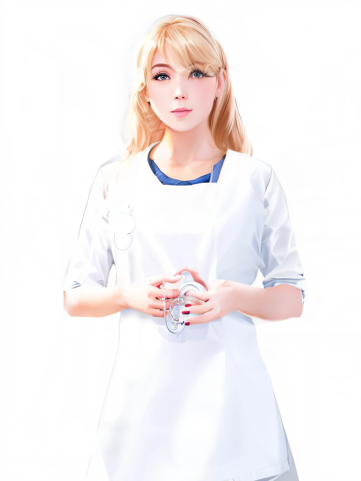 Blonde woman in doctor's uniform holding a stethoscope, doctor, nurse girl, the doctor, wearing lab coat and a blouse, with a stethoscope, (doctor), With a lab coat, stethoscope!, realistic digital illustration, Beautiful digital artwork, hyper-realistic illustration, commission for high resolution, wearing a lab coat, Smooth anime CG art, digital painted,The costume becomes like the second picture,The hair color turns dark brown,