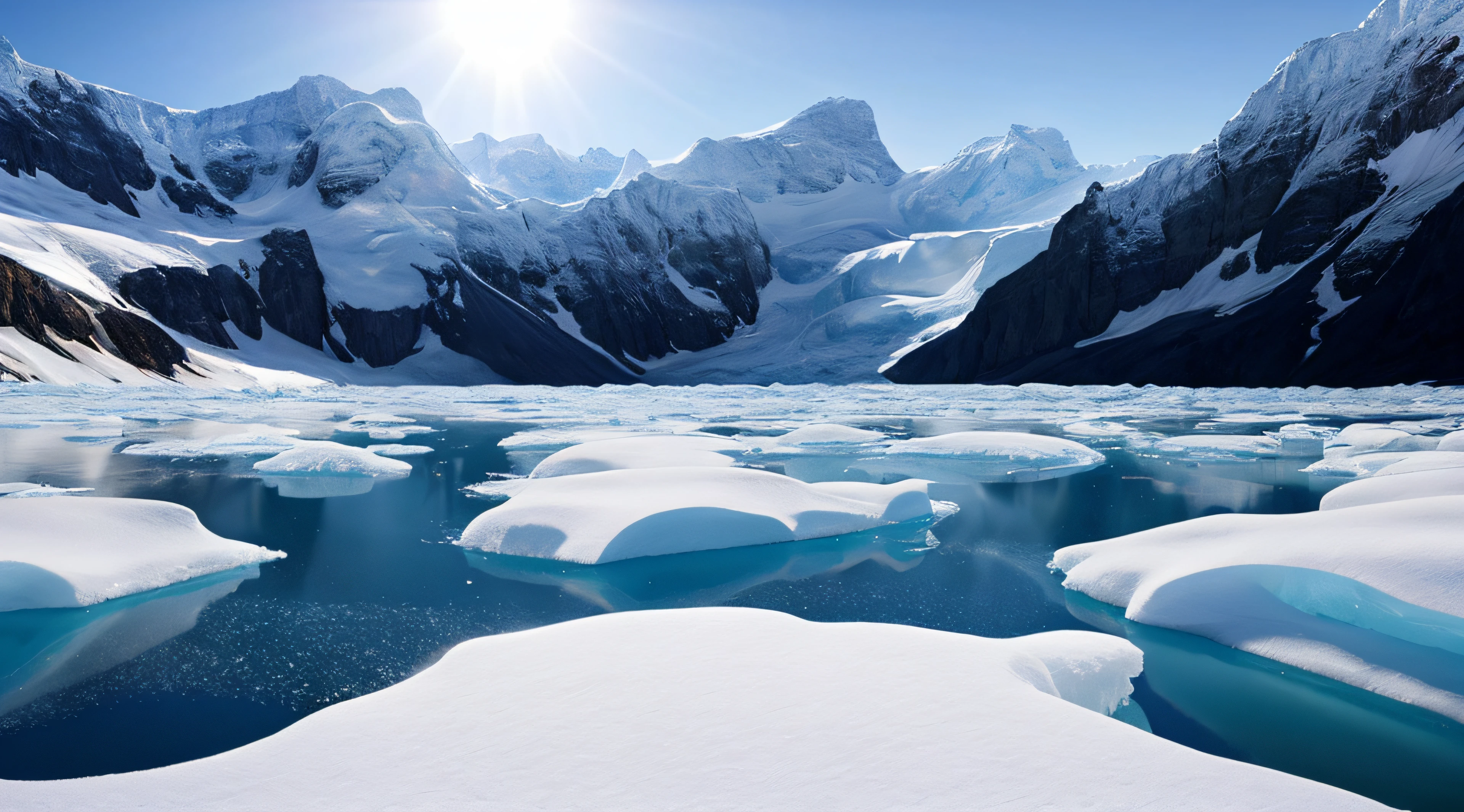 Glaciers covered with snow，Surrounded by cold oceans and snow-covered mountains, blue-sky, Matte painting, A matte painting, Photorealism, (Masterpiece:1.2, Best quality)