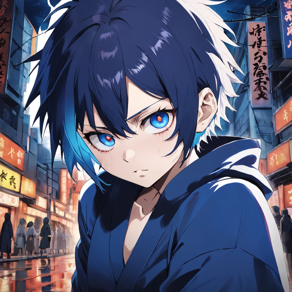 Young Japanese in jujutsu kaisen anime trait with pale skin, slanted dark blue eyes, paint under the eye, short, full black and messy hair.