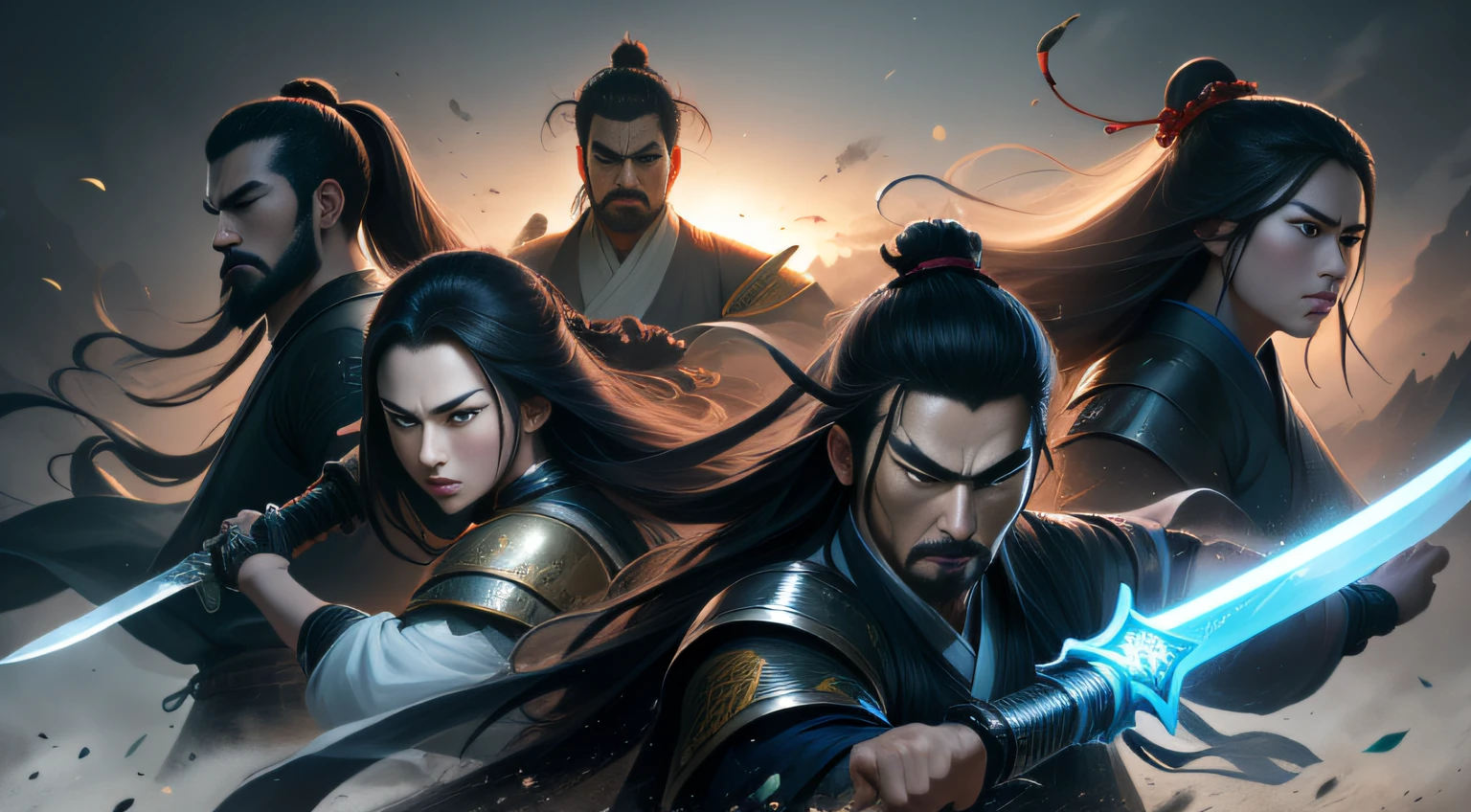 Image of four or five men and women holding swords in the valley, Their eyes were cold，Expressions vary。Three Kingdoms characters， Operation Samurai, Full combat stance, Guviz-style artwork, Group portraits of people，G Liulian art style, xianxia hero， Fan composition，inspired by Wu Daozi,16k