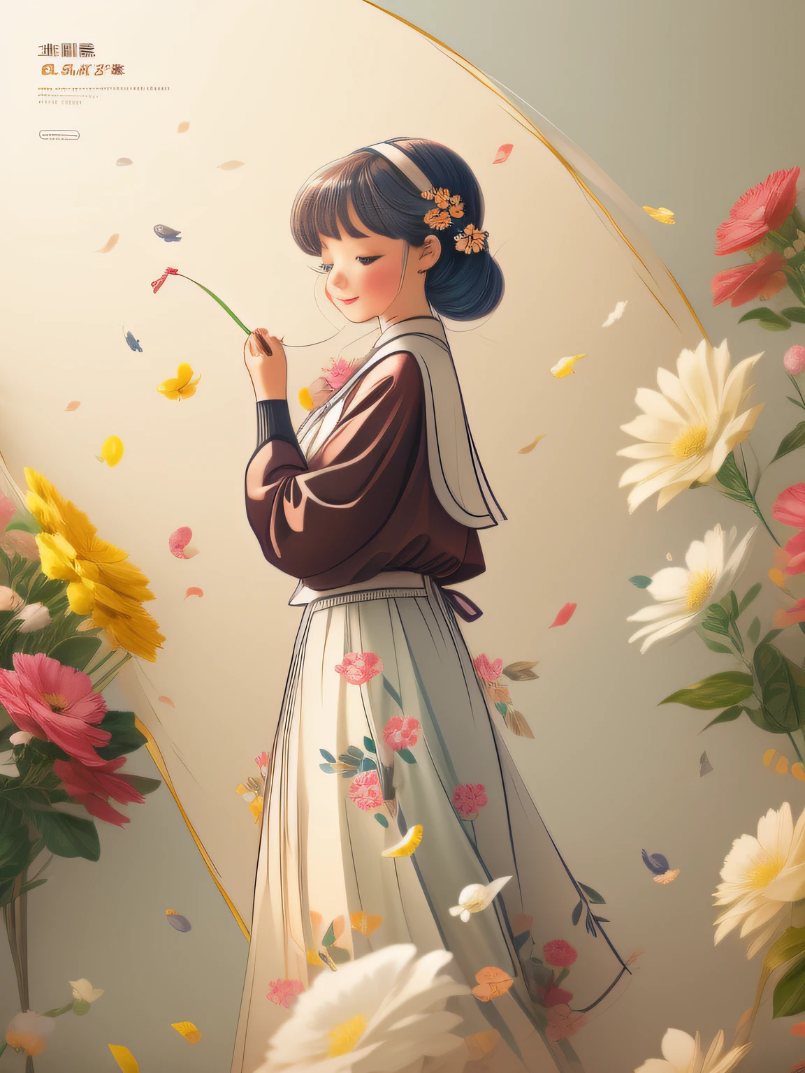 Teacher's Day poster illustration content pack: Gentle and lovely teacher holding flowers、There are streamers in the air、Drawing tools on the back、The style is crayon illustration style