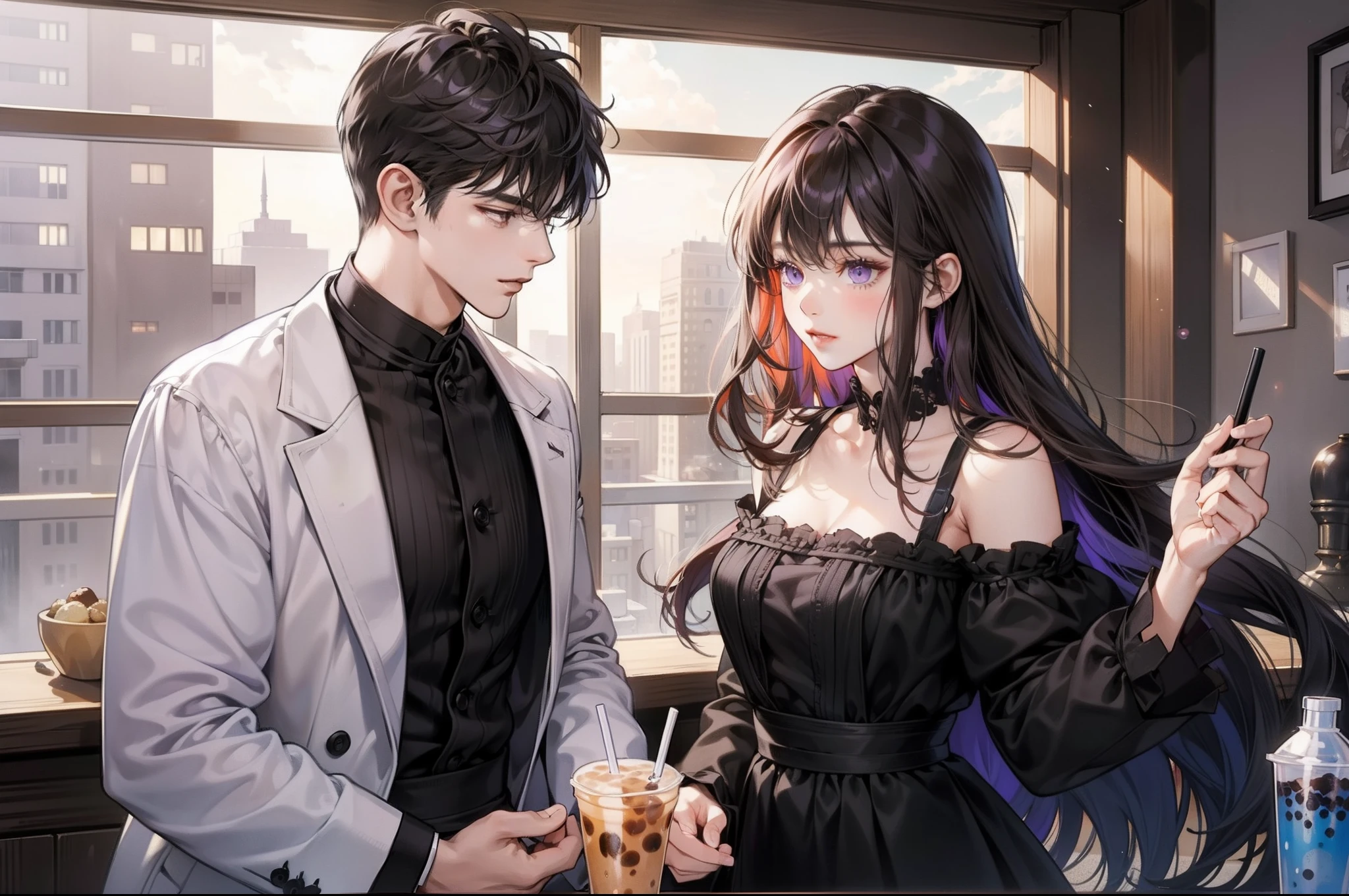 High resolution, detailed, masterpiece, Couple, 1 girl 1 boy, different hair color, long black bang hair and purple eyes, short brown hair and grey eyes, side by side, bubble tea